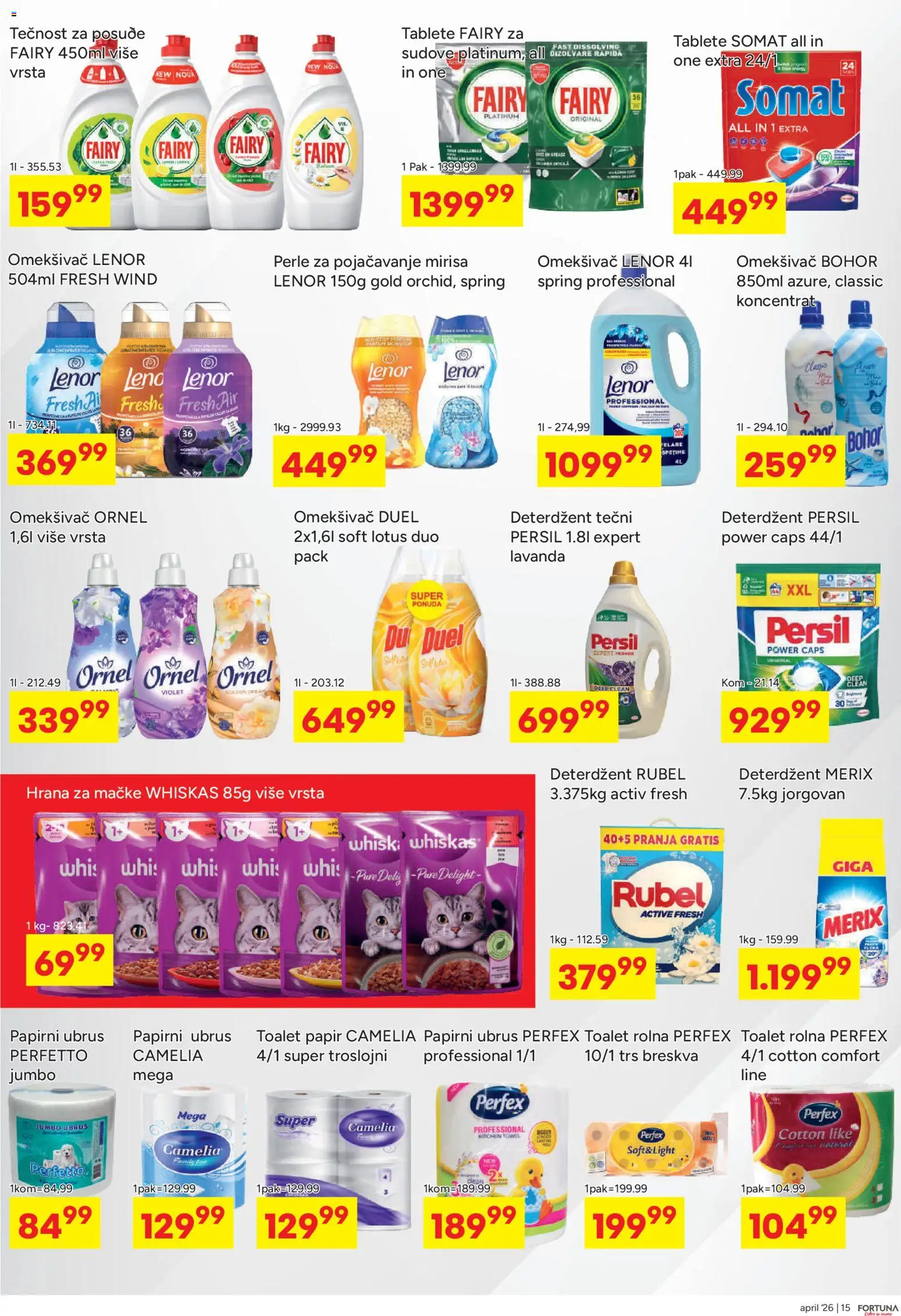 Fortuna Market katalog - važi od 13.04.2026 | Strana: 15 | Proizvode: Tečni deterdžent, Somat, Toalet papir, Breskva