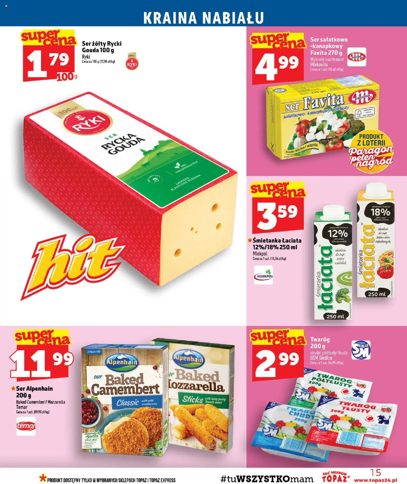 Topaz gazetka - MAZ od 20.08.2026 | Strona: 15 | Produkty: Ser żółty, Ser favita, Ser, Twaróg