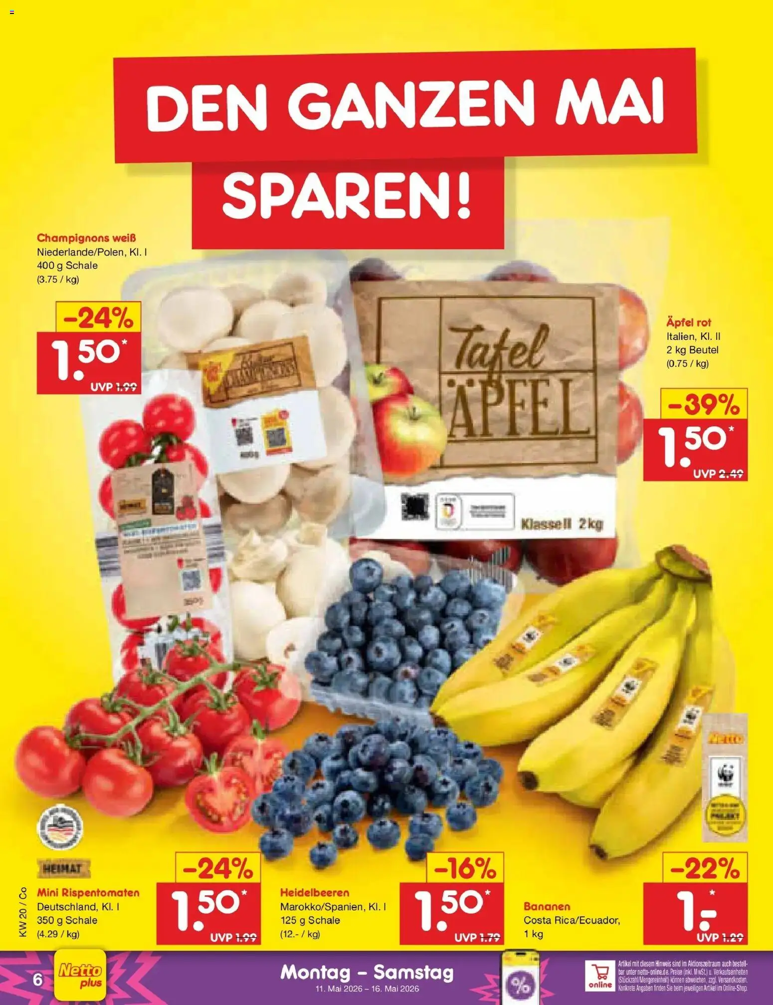 Netto Marken-Discount Prospekt Delitzsch	 – gültig ab 10.05.2026 | Seite: 6 | Produkte: Äpfel, Bananen, Heidelbeeren, Champignons