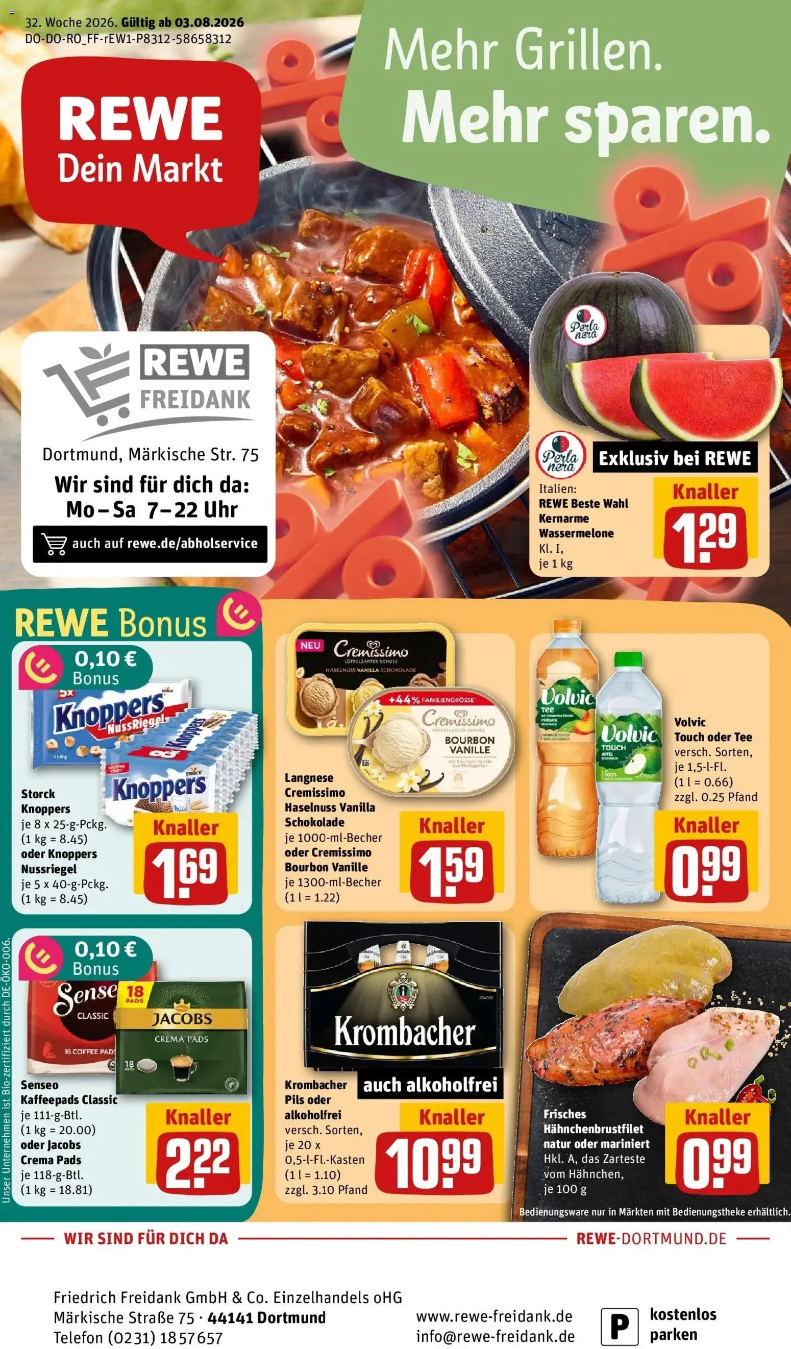 Rewe Prospekt Dortmund – gültig ab 03.08.2026 | Seite: 1 | Produkte: Pfirsich, Bourbon, Telefon, Uhr