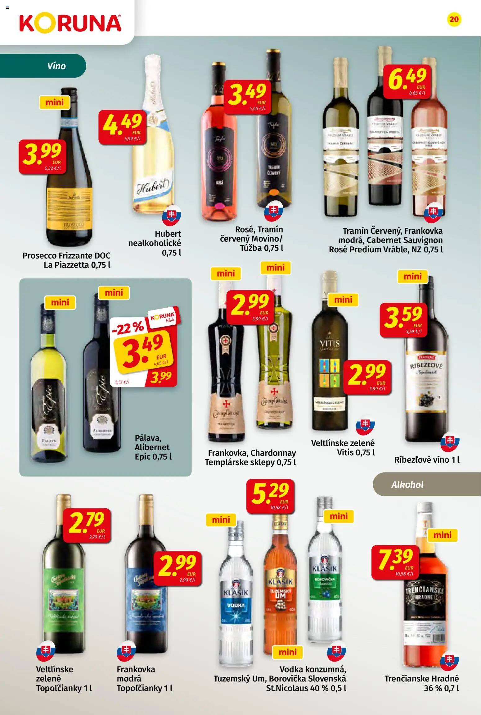 Nové Koruna akcie – leták je platný od 17.07.2026 | Strana: 20 | Produkty: Prosecco, Borovička, Ríbezľové víno, Vodka