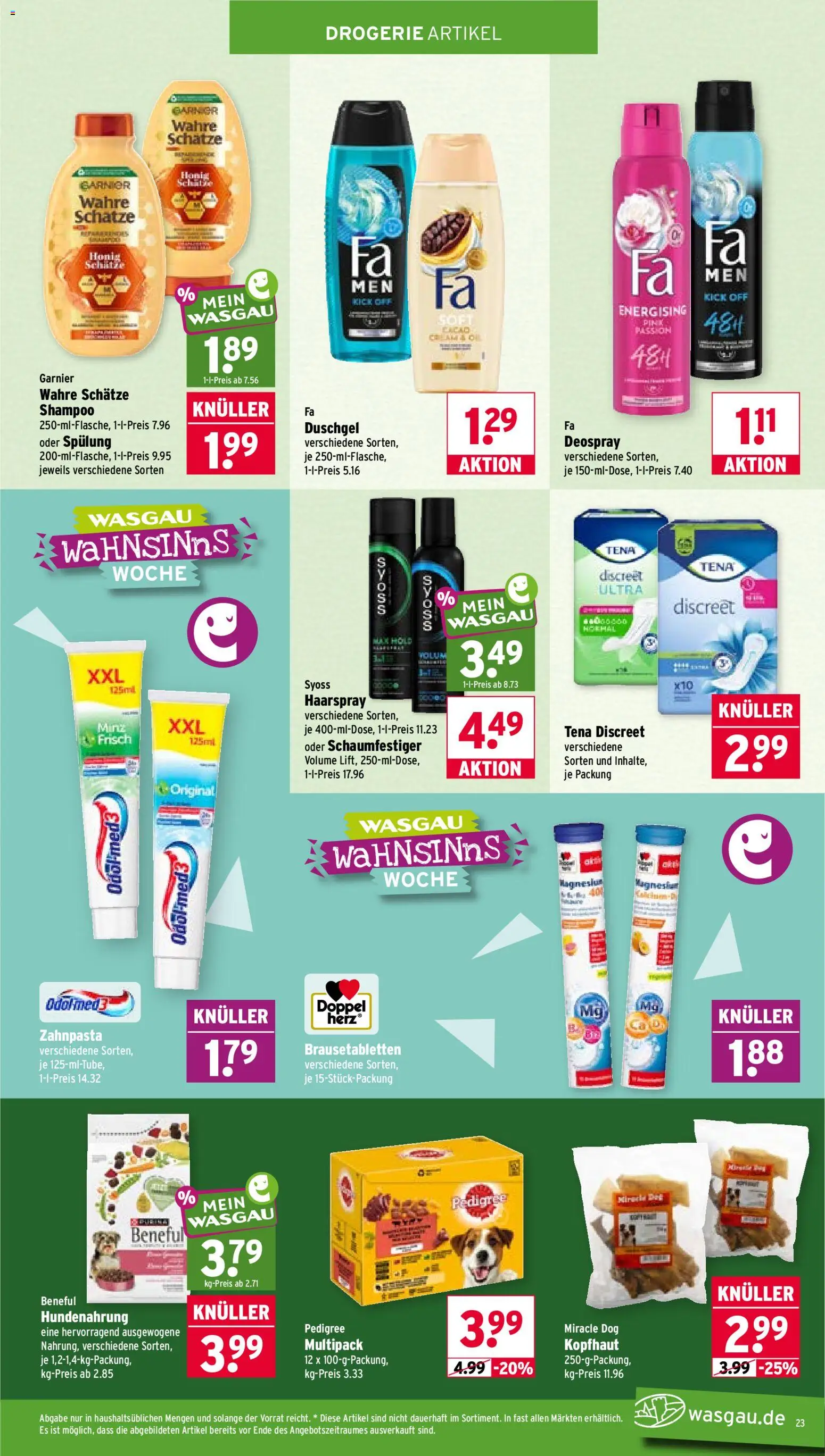 Wasgau Prospekt – gültig ab 03.08.2026 | Seite: 23 | Produkte: Shampoo, Haarspray, Zahnpasta, Pedigree