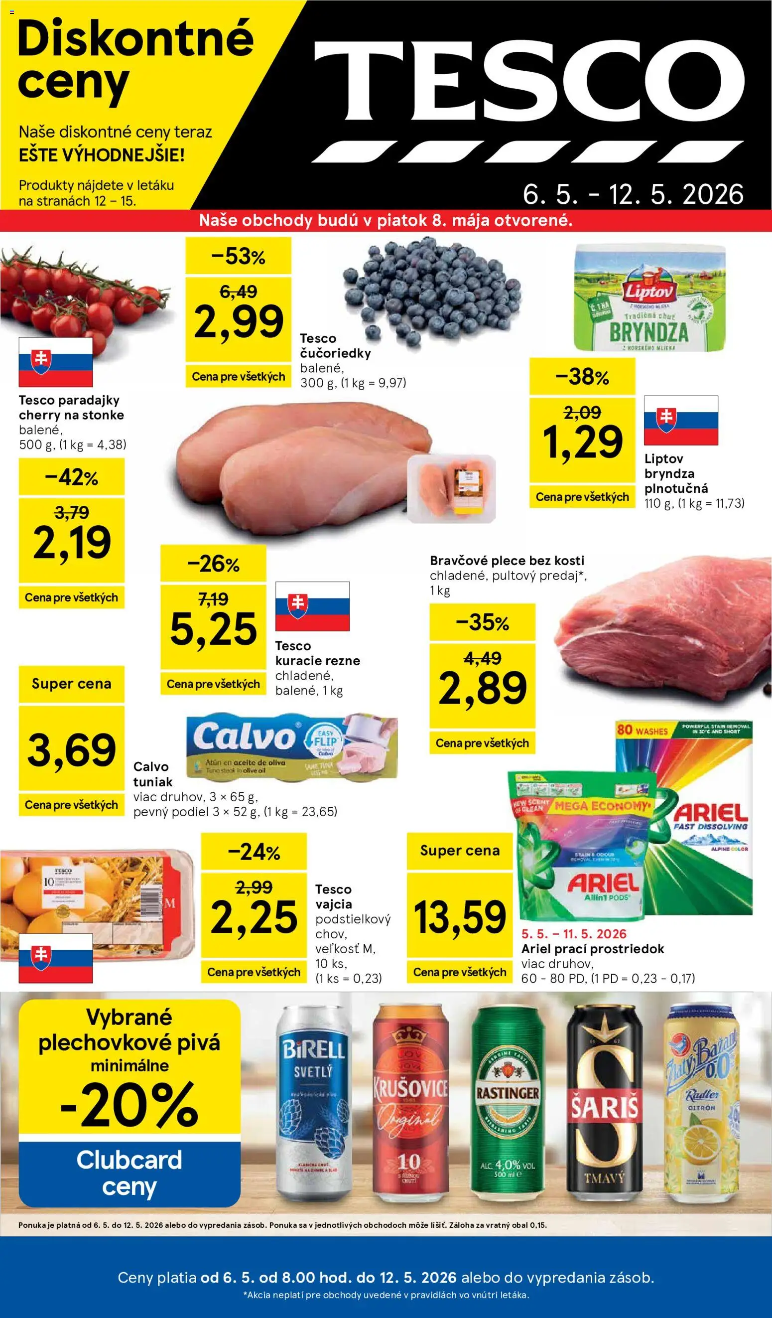 Nové Tesco akcie – leták je platný od 06.05.2026 | Strana: 1 | Produkty: Pivo, Vajcia, Paradajky, Steak