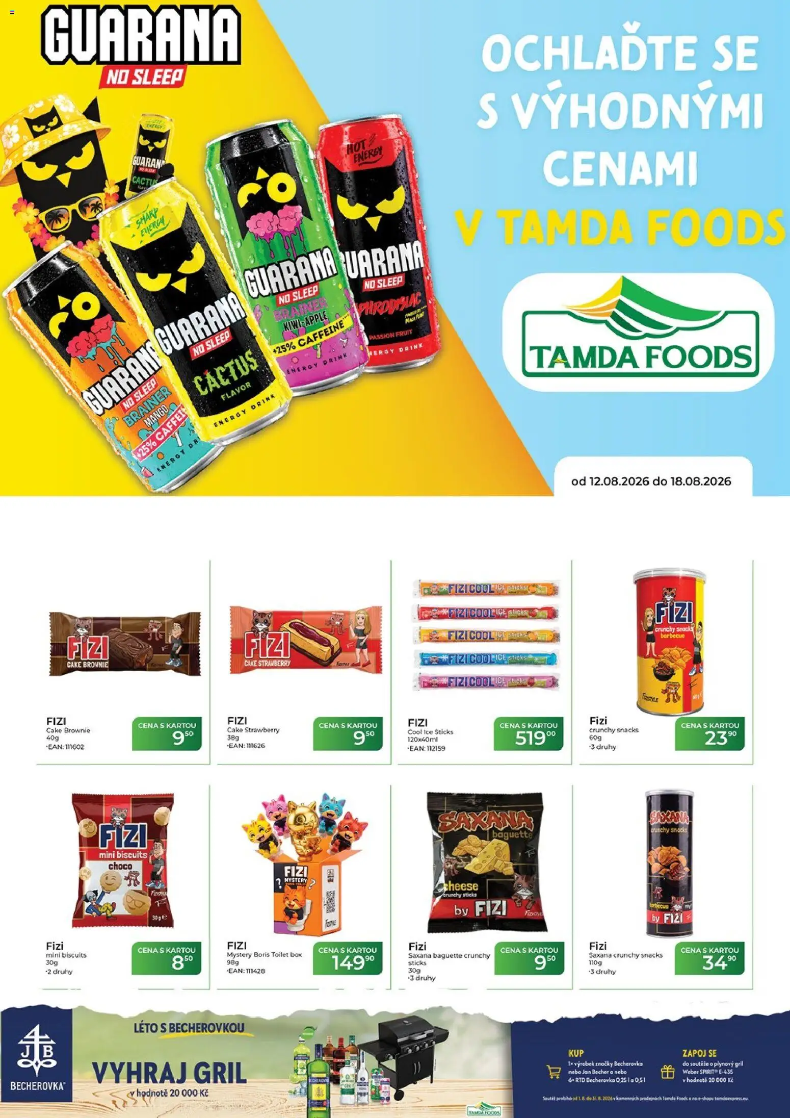 Tamda Foods leták od 12.08.2026 | Strana: 1 | Produkty: Box, Plynový gril, Becherovka, Energy drink