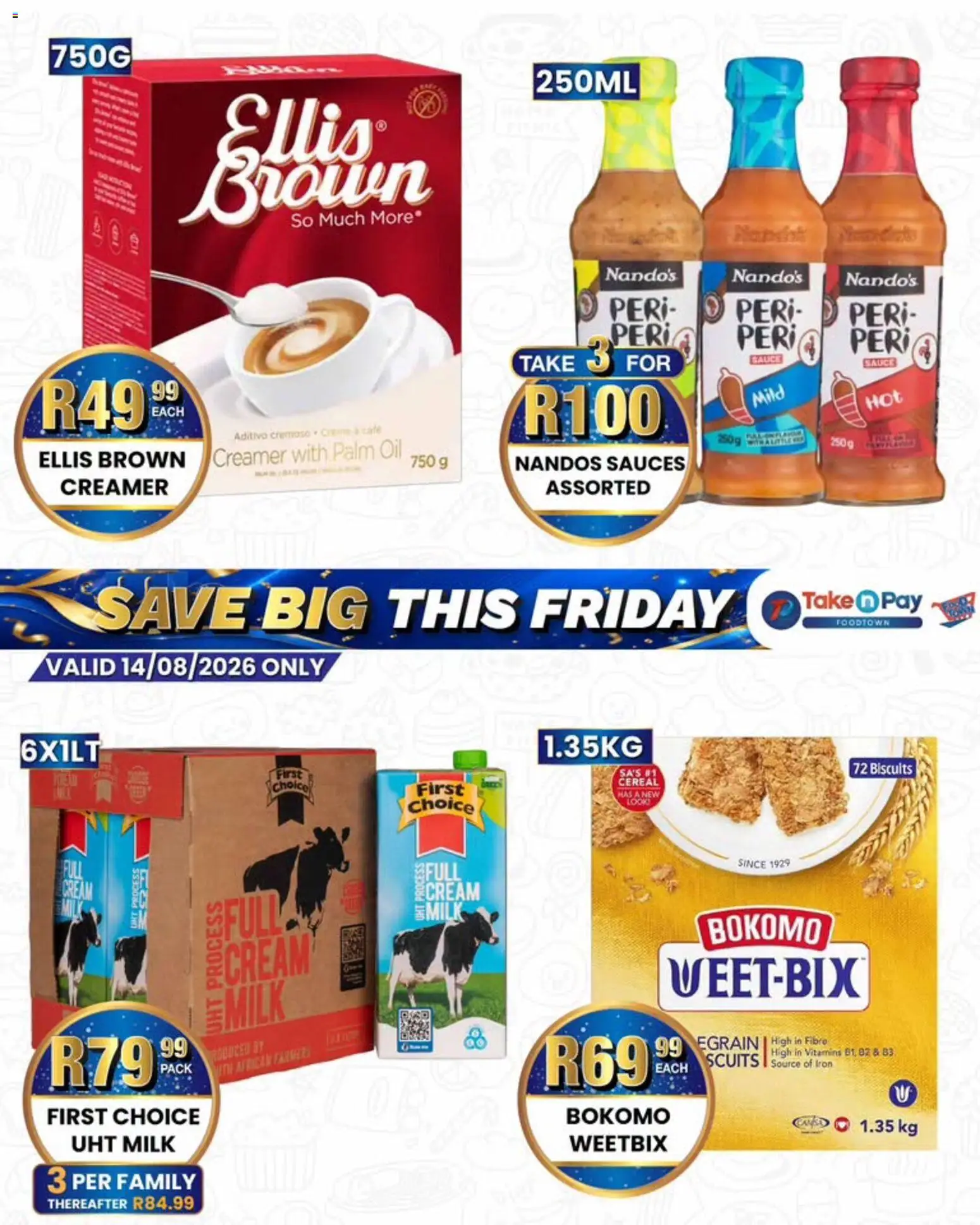 New Take n Pay catalogue – valid from 14/08/2026 | Page: 3 | Products: Biscuits, Sauces, Cream, Sauce