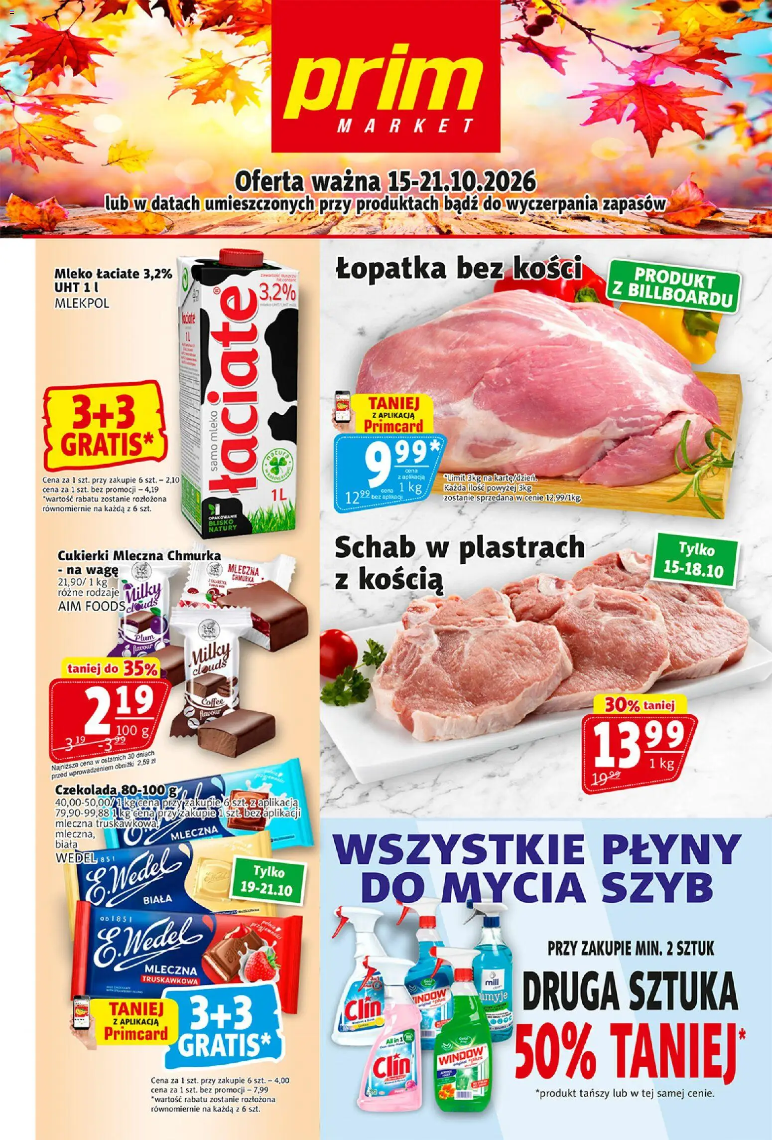 Prim Market gazetka od 15.10.2026 | Strona: 1 | Produkty: Schab, Schab w plastrach, Mleko, Czekolada