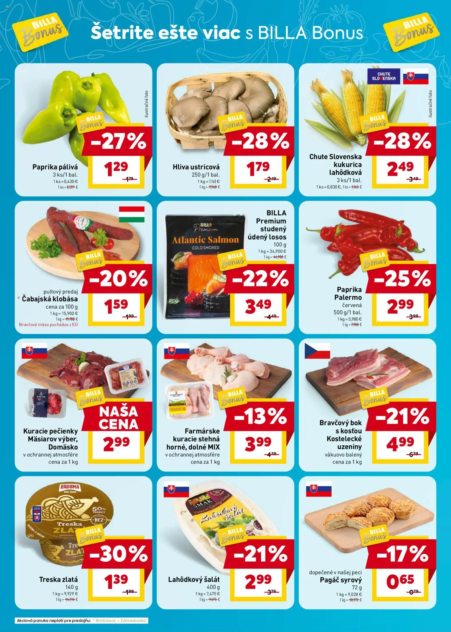 Nové Billa akcie – leták je platný od 05.08.2026 | Strana: 2 | Produkty: Kuracie stehná, Bravčové mäso, Šalát, Treska