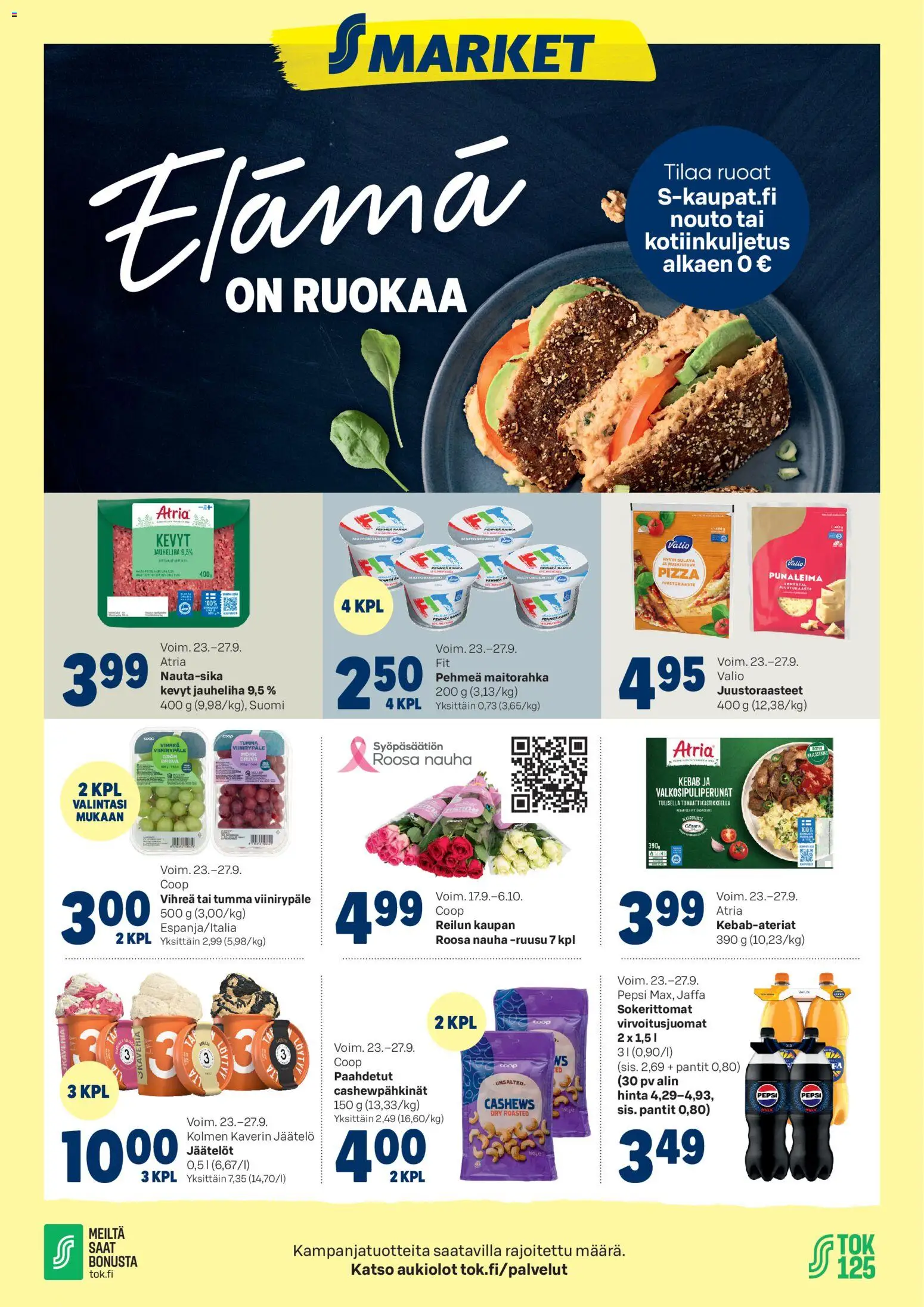 S-market Elámá – voimassa 23/09/2026 alkaen | Sivu: 1 | Tuotteet: Virvoitusjuomat, Nauha, Pepsi, Pizza