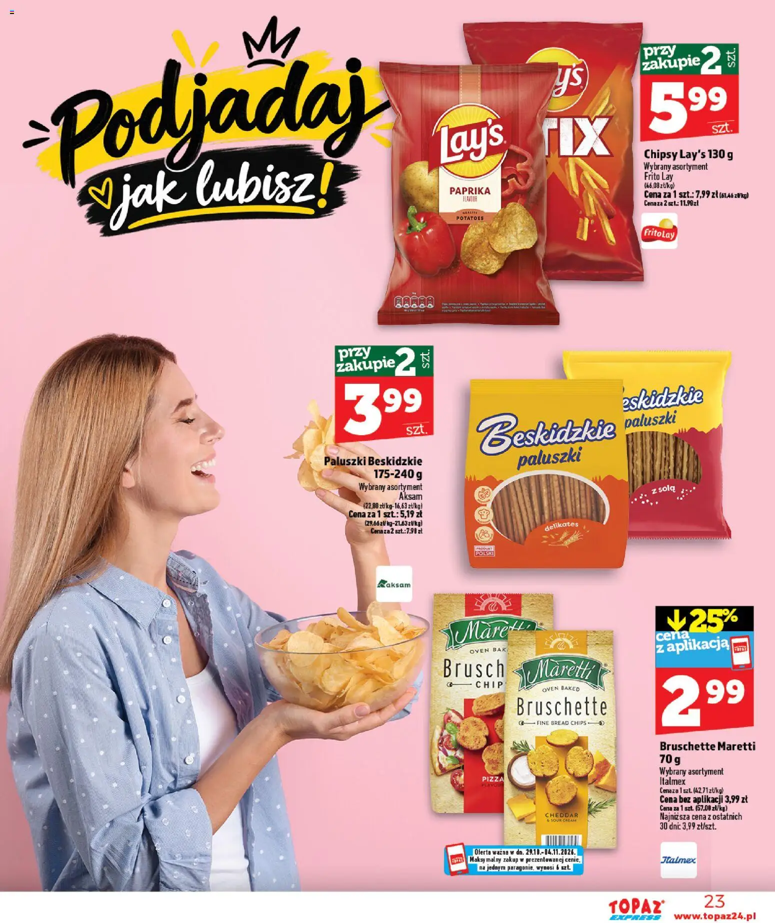 Topaz gazetka - Express od 29.10.2026 | Strona: 23 | Produkty: Chipsy, Paluszki, Pizza, Cheddar