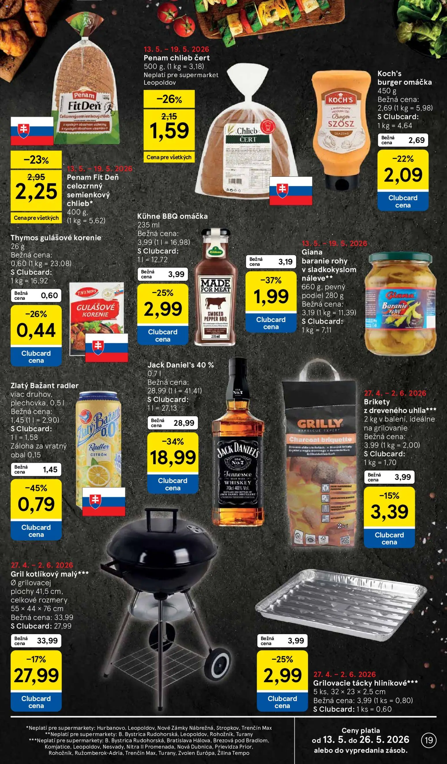 Nové Tesco akcie – leták je platný od 13.05.2026 | Strana: 19 | Produkty: Gril, Chlieb, Korenie