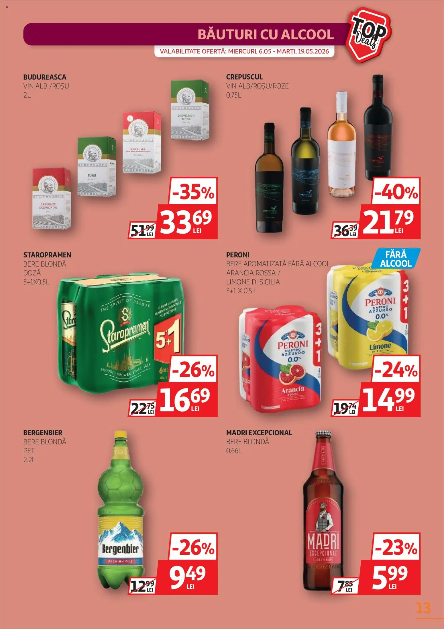 Noul catalog Auchan – valabil de la 06.05.2026 | Pagină: 13 | Produse: Vin, Bere, Plastik Kulübe
