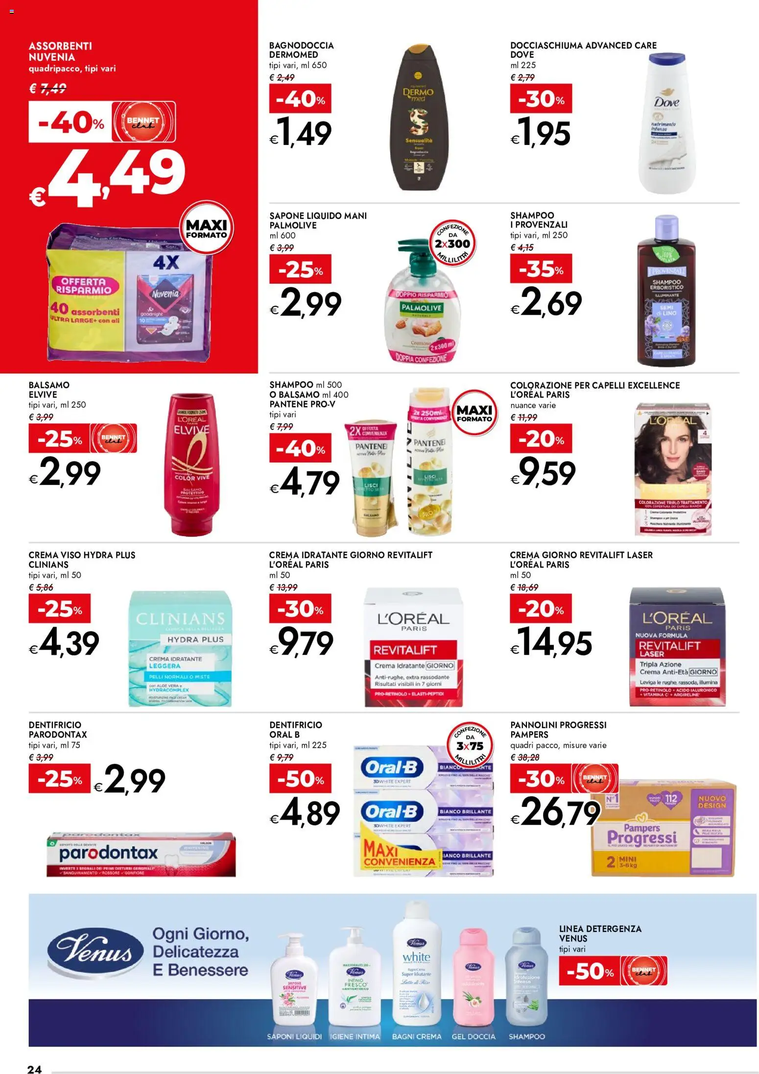 Volantino bennet del 10/09/2026 | Pagina: 24 | Prodotti: Pampers, Assorbenti, Gel doccia, Aloe vera