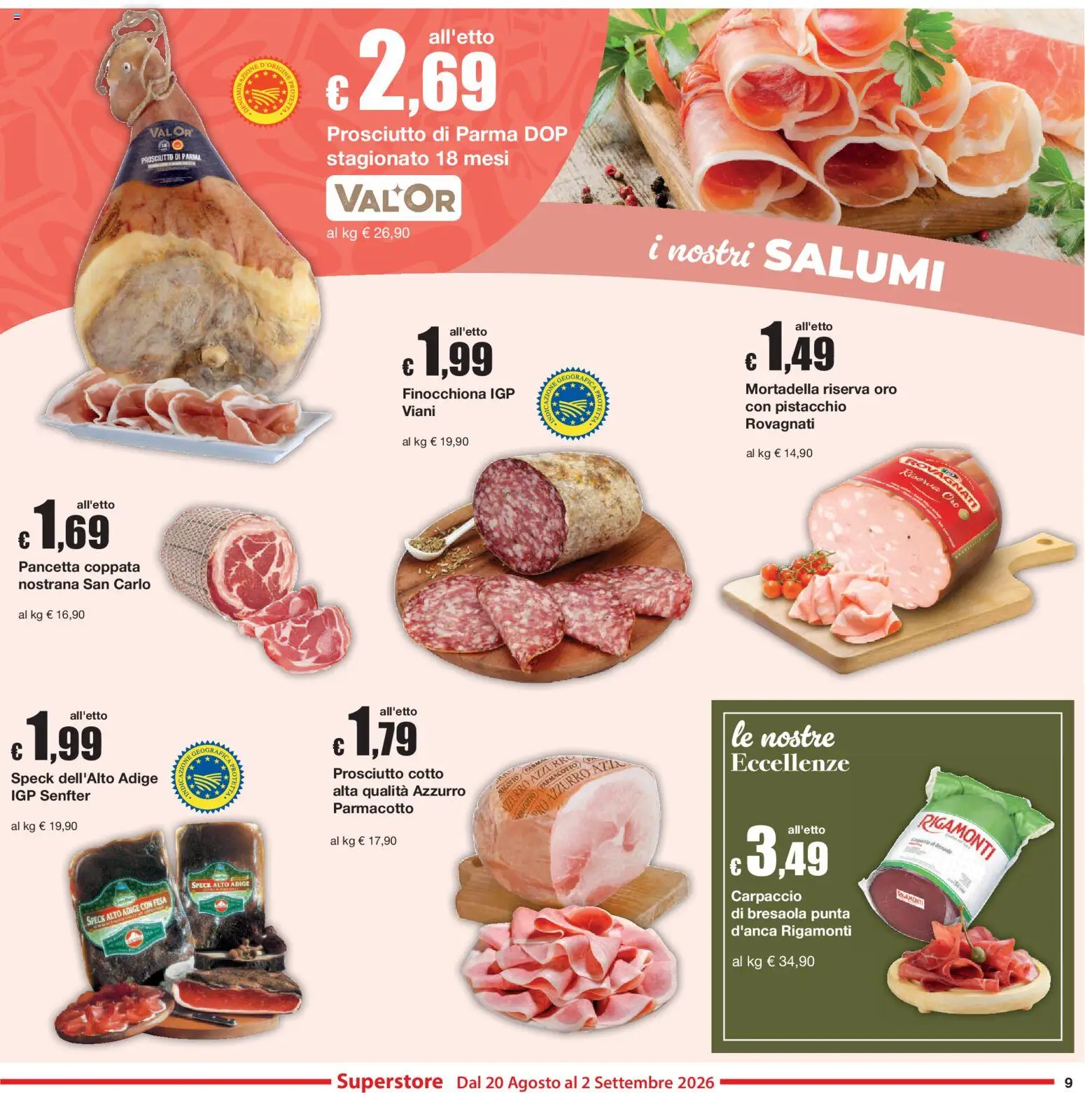 Volantino Sì con Te del 20/08/2026 | Pagina: 9 | Prodotti: Carpaccio, Bresaola, Prosciutto, Mortadella