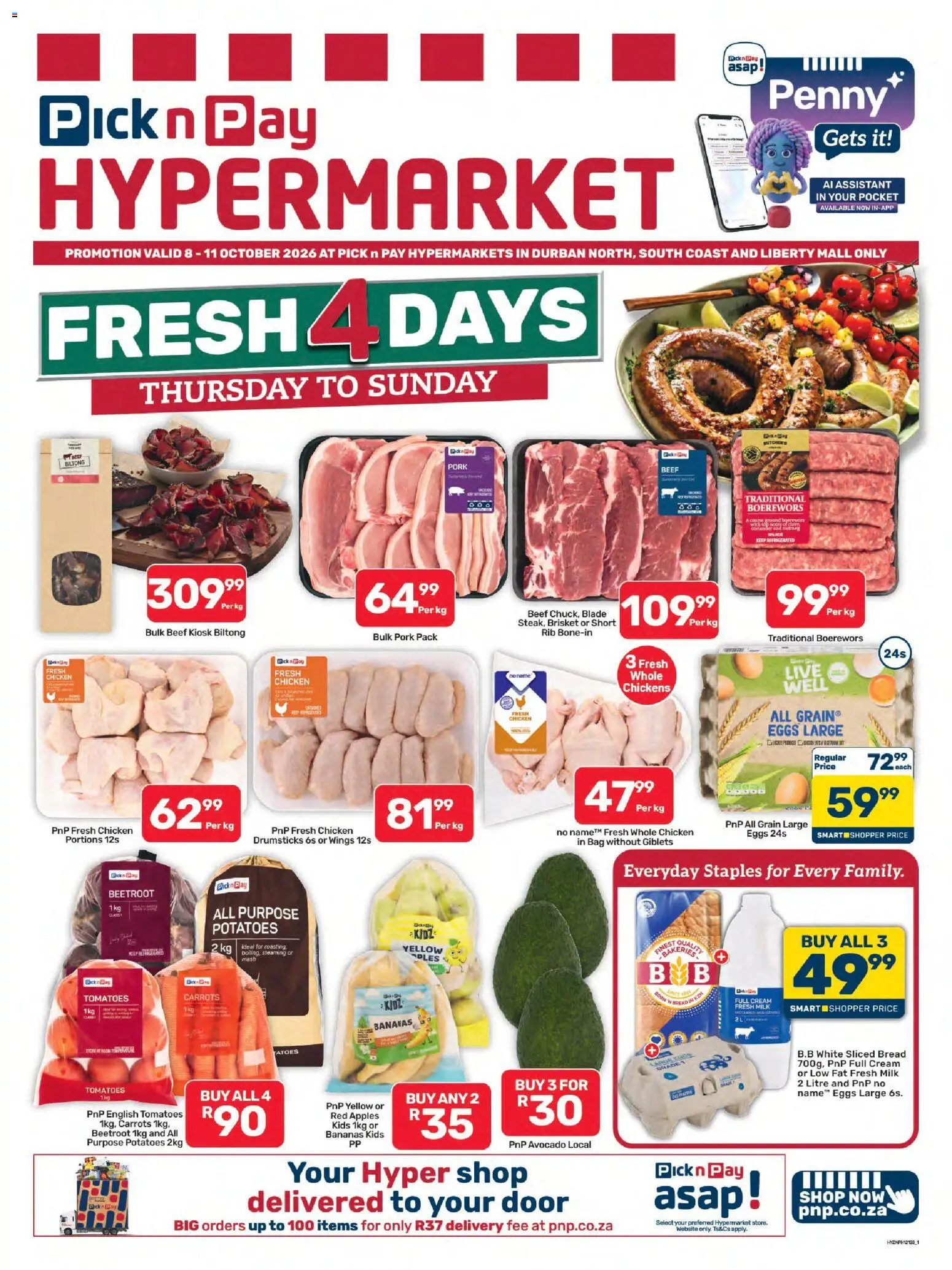 New Pick n Pay catalogue – valid from 08/10/2026 | Page: 1 | Products: Milk, Bread, Chicken, Beef
