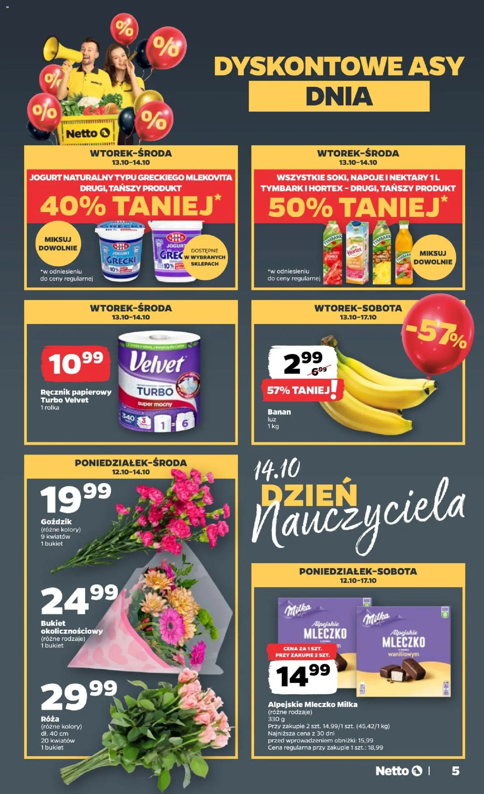 Netto gazetka od poniedziałku od 12.10.2026 | Strona: 5 | Produkty: Tymbark, Jogurt naturalny, Milka, Banan