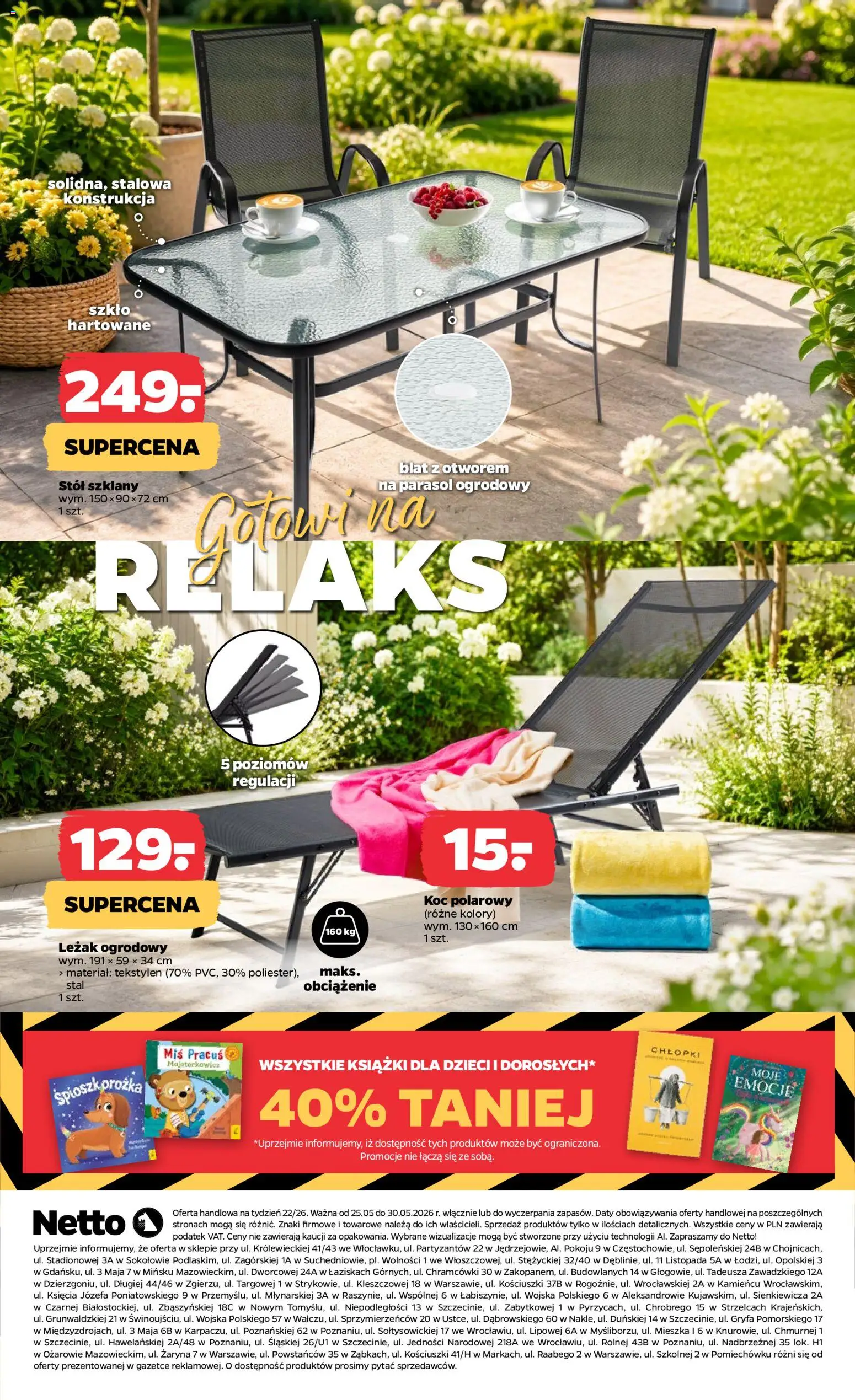 Netto gazetka od poniedziałku NonFood od 25.05.2026 | Strona: 3 | Produkty: Parasol, Stół, Książki, Leżak ogrodowy