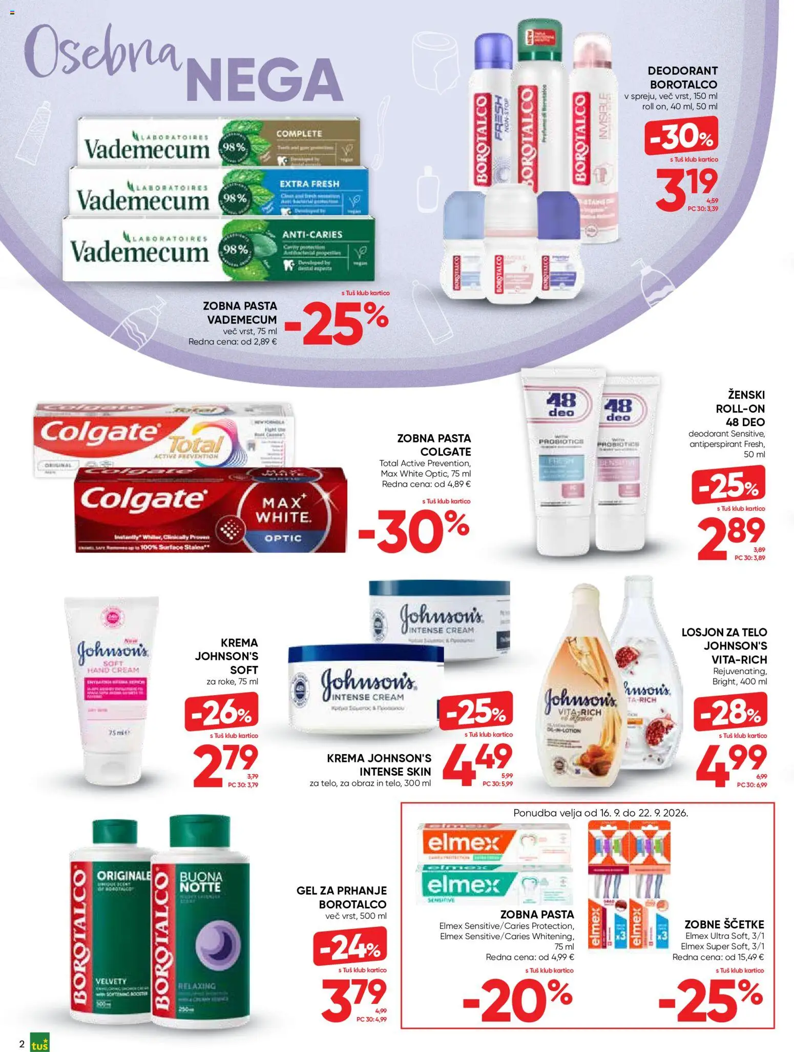 Novi Tuš katalog ponudbe – veljaven od 16.09.2026 | Stran: 2 | Izdelki: Gel za prhanje, Krema, Deodorant, Antiperspirant