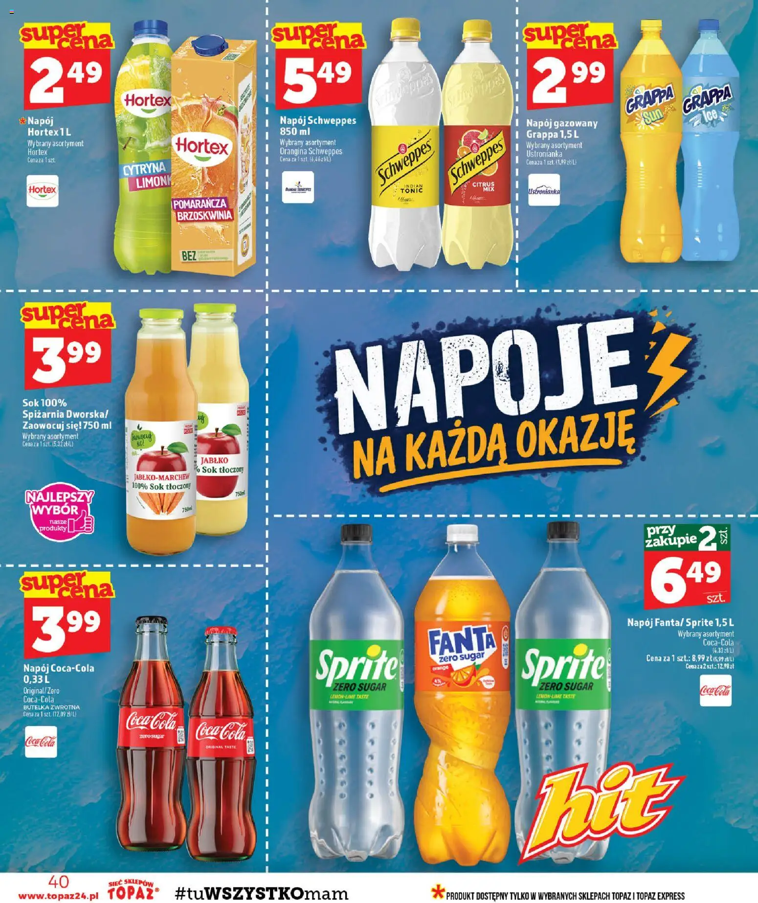 Topaz gazetka - Ceny małe na stałe od 17.09.2026 | Strona: 40 | Produkty: Napoje, Coca cola, Fanta, Tonic