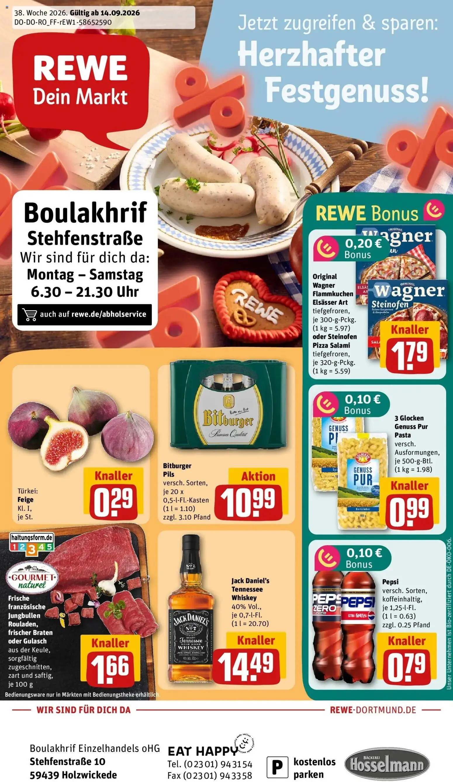 REWE Prospekt ab 14.09.2026 zum Blättern » Angebote | Seite: 1 | Produkte: Pils, Jack Daniel's, Pizza, Whiskey
