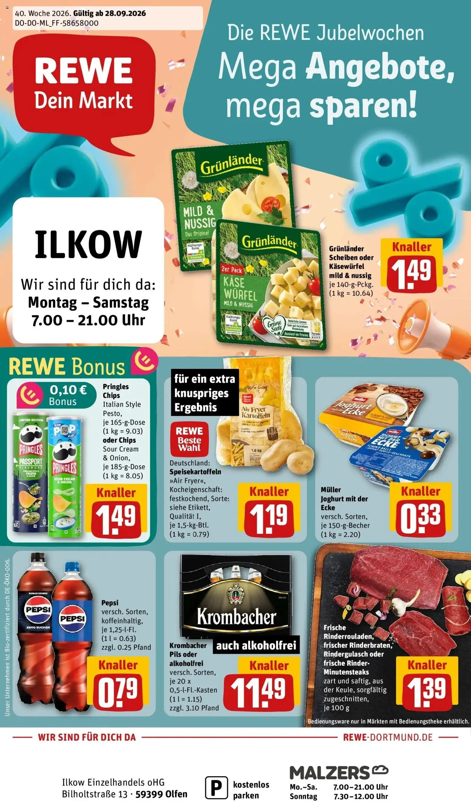 REWE Prospekt ab 28.09.2026 zum Blättern » Angebote | Seite: 1 | Produkte: Käse, Joghurt, Krombacher, Pringles