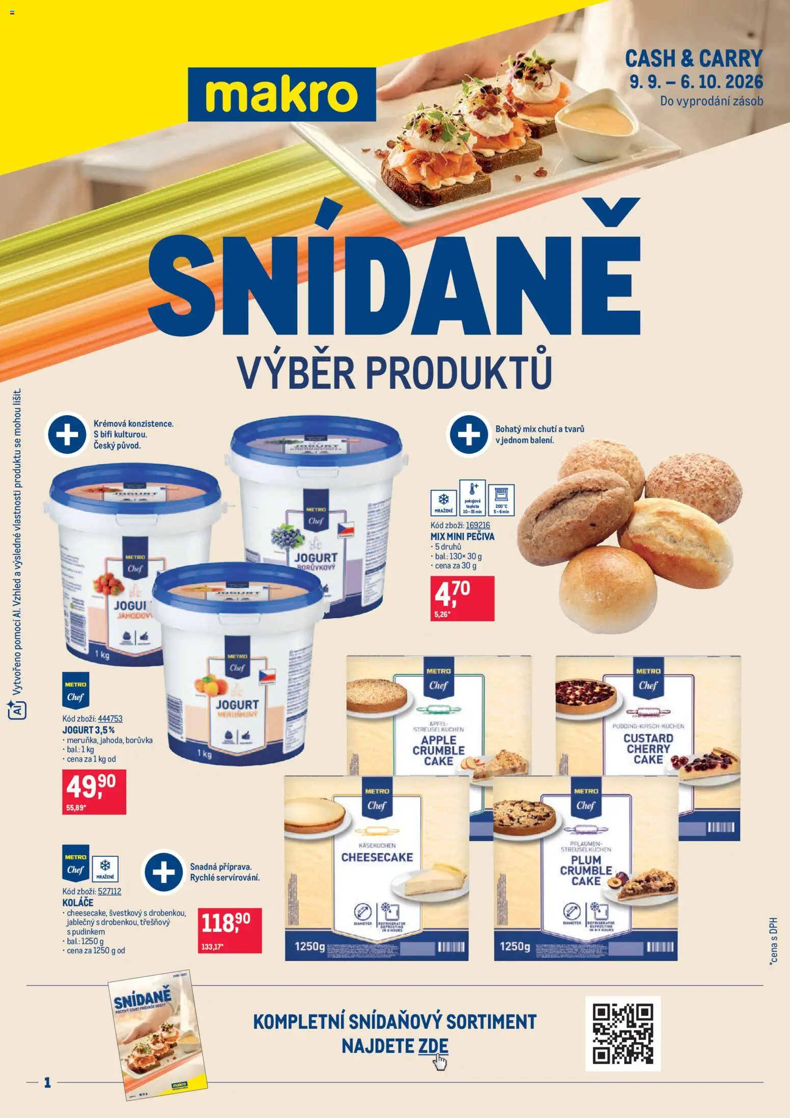 Makro leták - Snídaně od 09.09.2026 | Strana: 1 | Produkty: Jogurt, Apple, Cheesecake