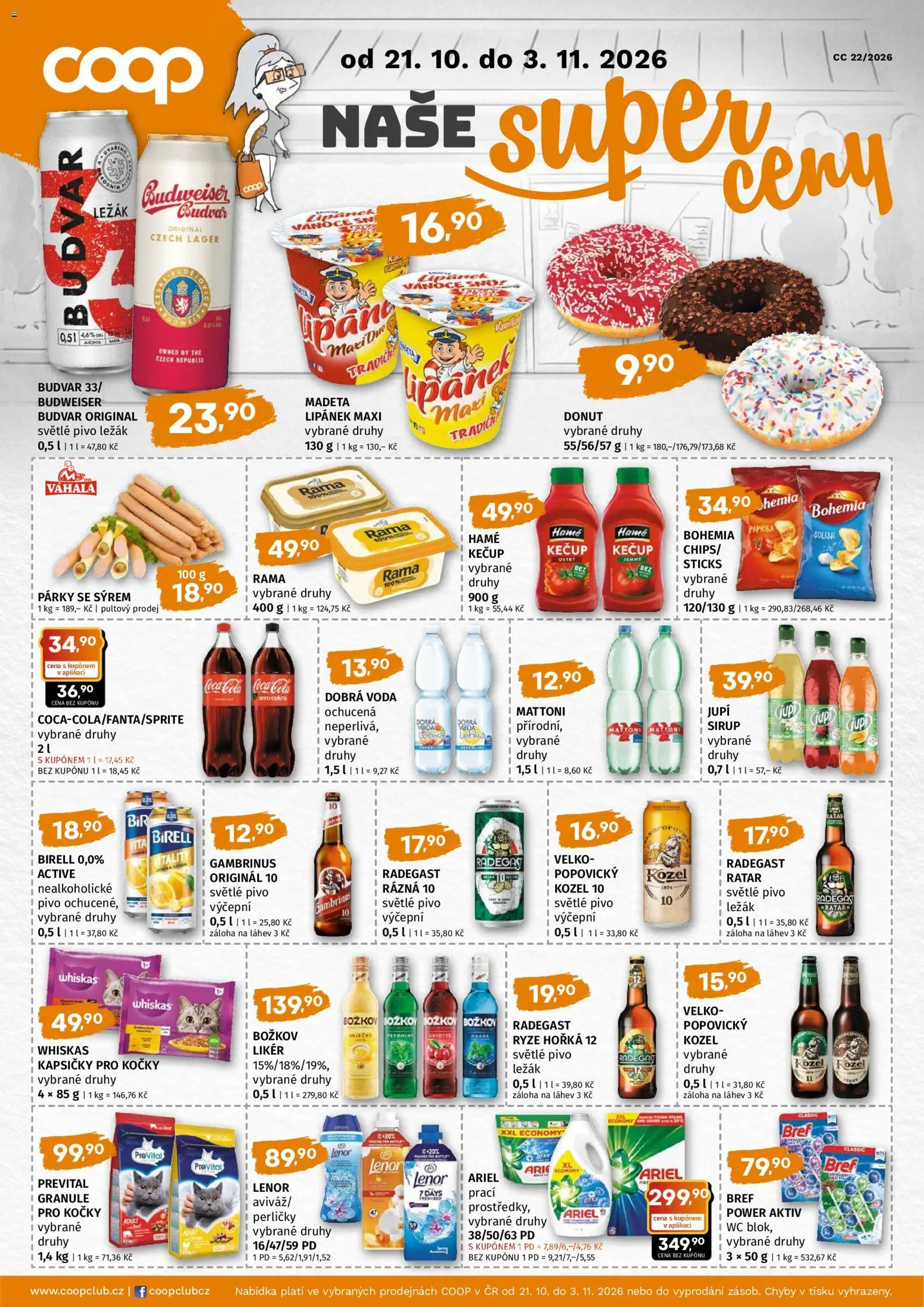Coop leták - Super cena od 21.10.2026 | Strana: 1 | Produkty: Dobrá voda, Donut, Whiskas, Radegast