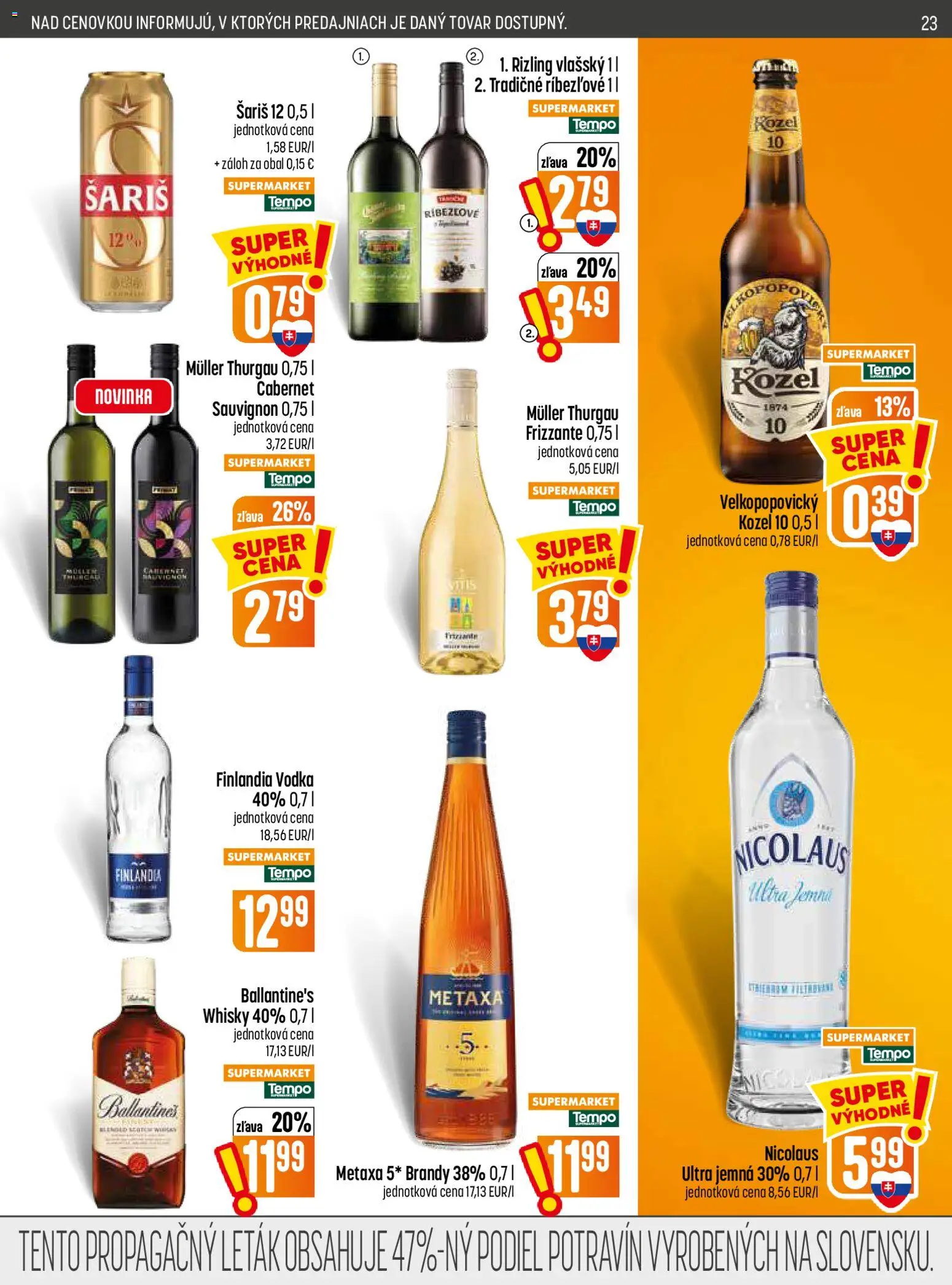 Nové COOP Jednota akcie – leták je platný od 23.07.2026 | Strana: 23 | Produkty: Šariš, Brandy, Finlandia, Ballantines