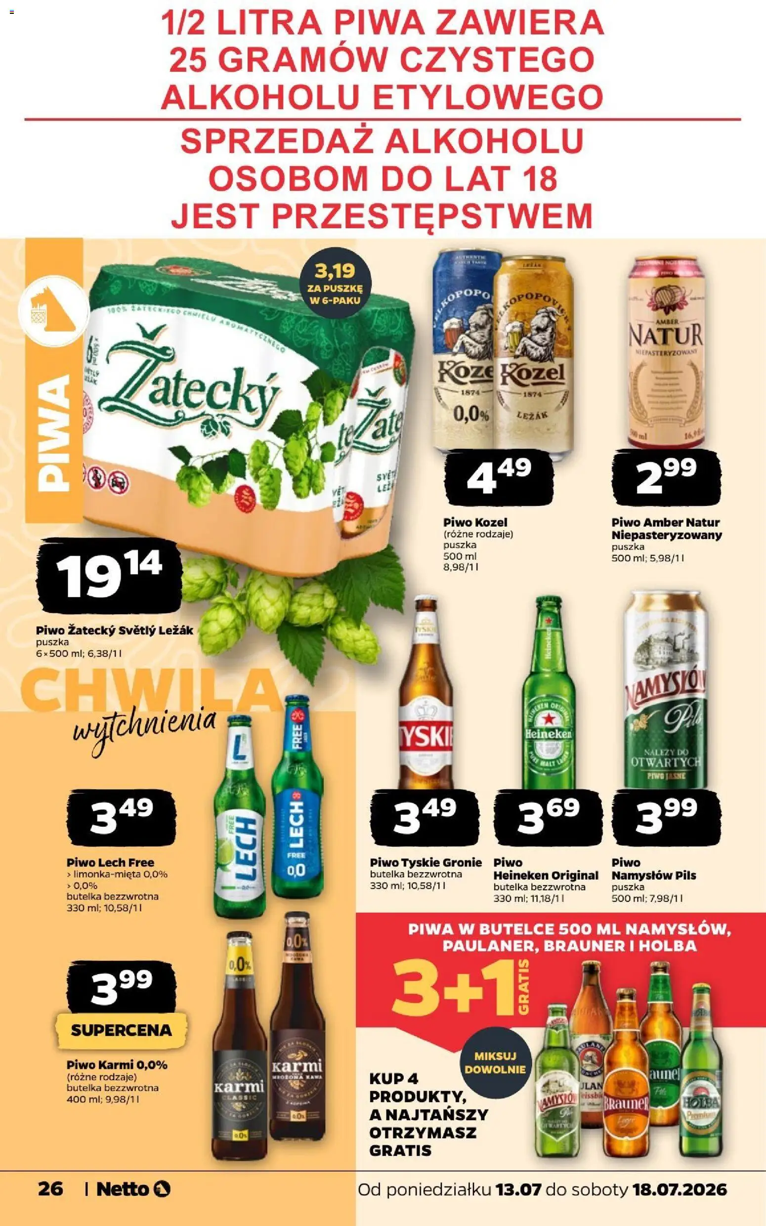 Netto gazetka od poniedziałku od 13.07.2026 | Strona: 26 | Produkty: Lech, Piwo, Piwo Namysłów, Heineken