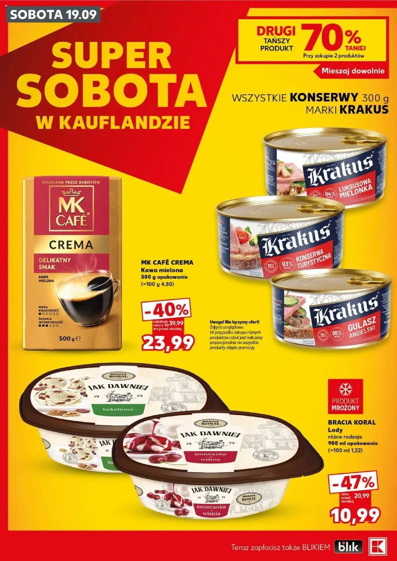 Kaufland gazetka - Super sobota od 19.09.2026 - od jutra PDF | Strona: 2 | Produkty: MK Cafe Crema, Kawa, Gulasz, Lody