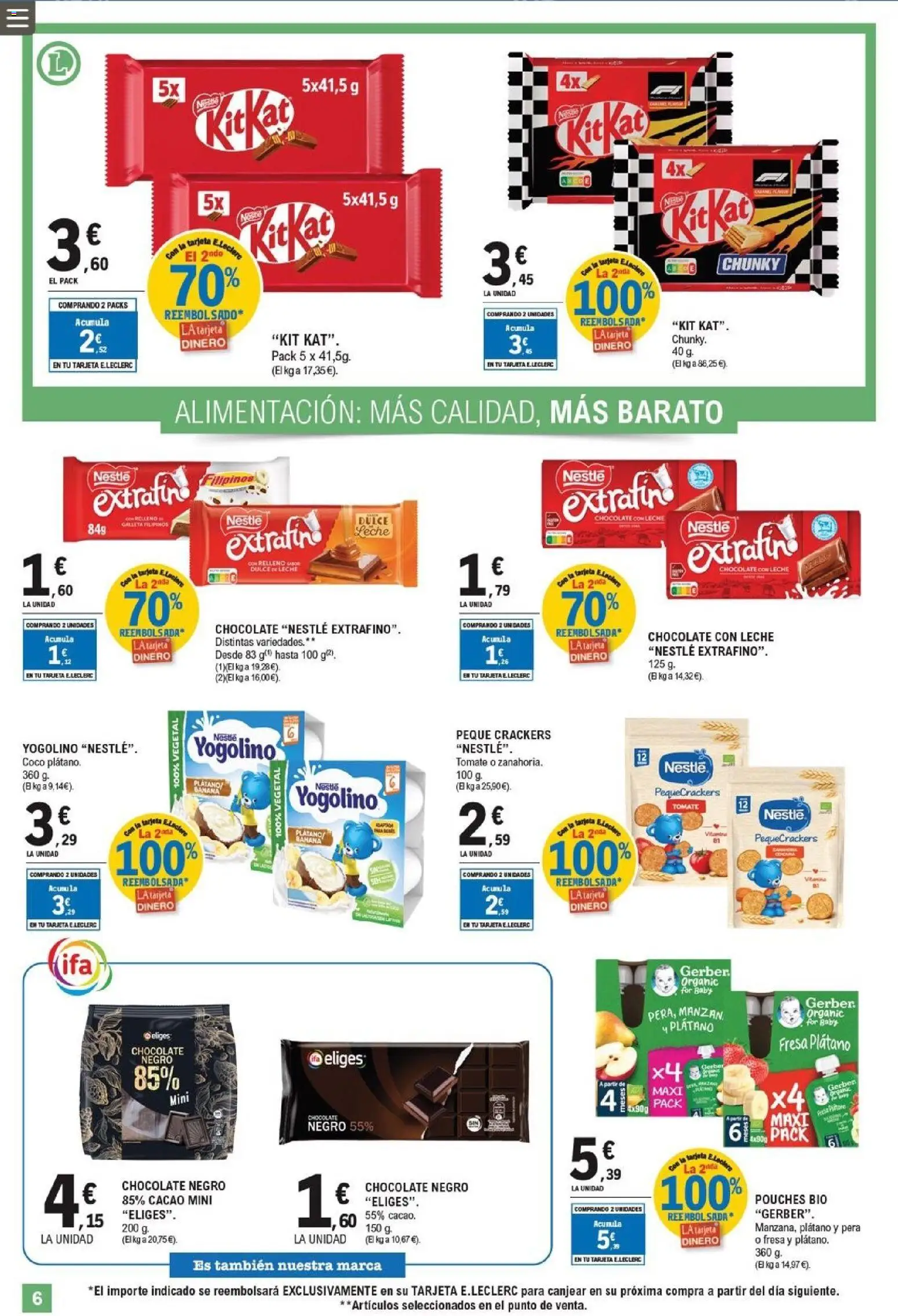 E.Leclerc folleto │ válido desde el 18.05.2026 | Página: 6 | Productos: Leche, Chocolate, Chocolate con leche, Φρυγανιές σικάλεως