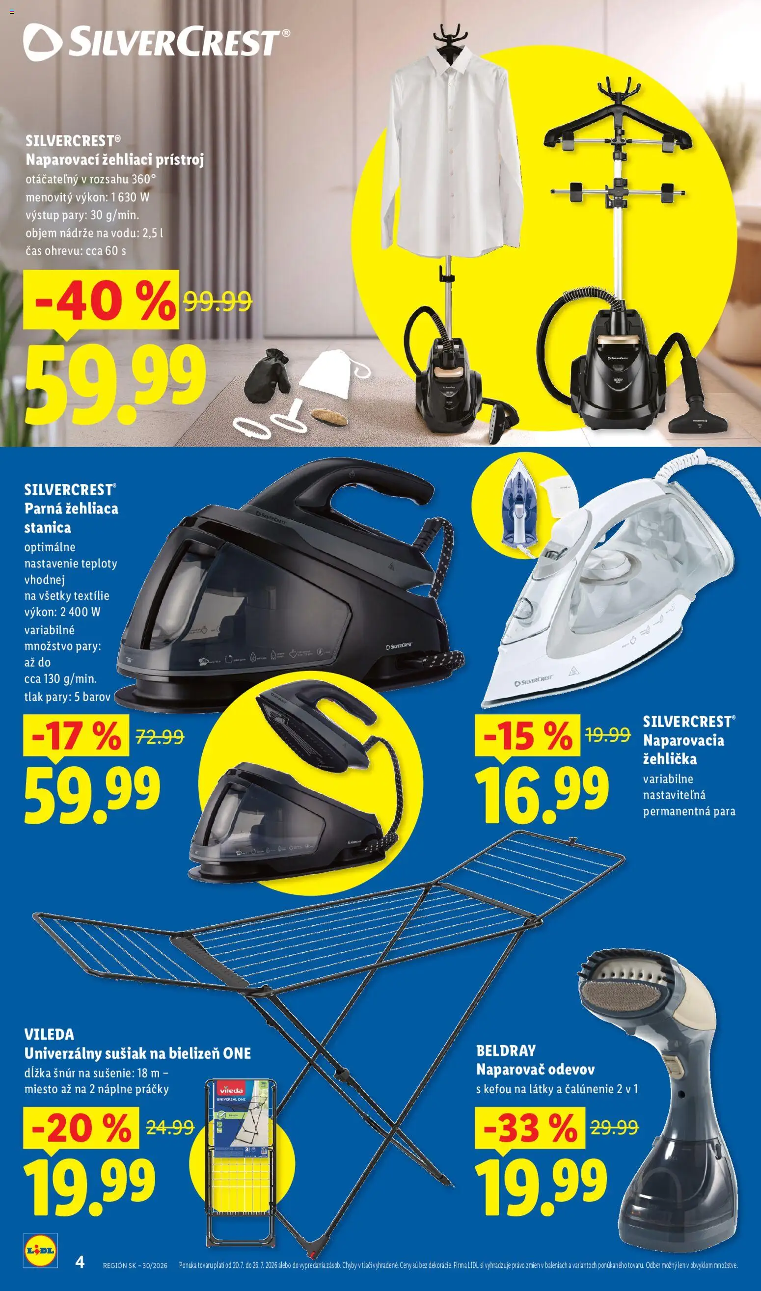 Nové Lidl akcie – leták je platný od 20.07.2026 | Strana: 4 | Produkty: Naparovač odevov, Naparovacia žehlička, Práčky, Žehlička
