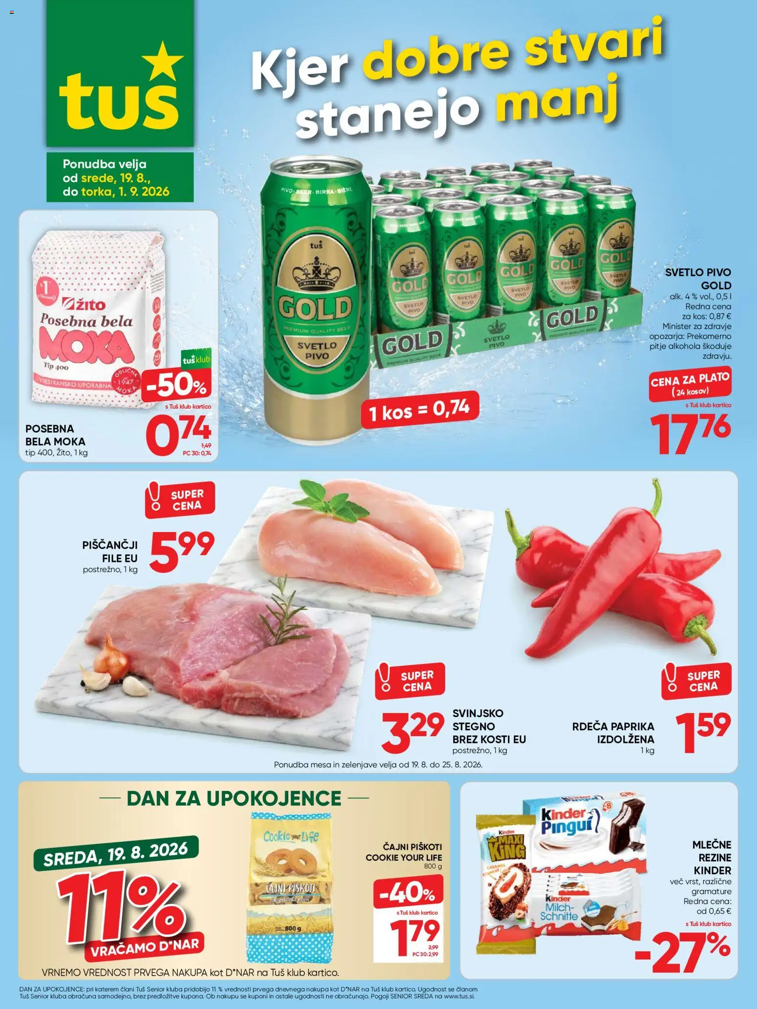 Novi Tuš katalog ponudbe – veljaven od 19.08.2026 | Stran: 1 | Izdelki: Moka, Kos, Pivo, Piskoti