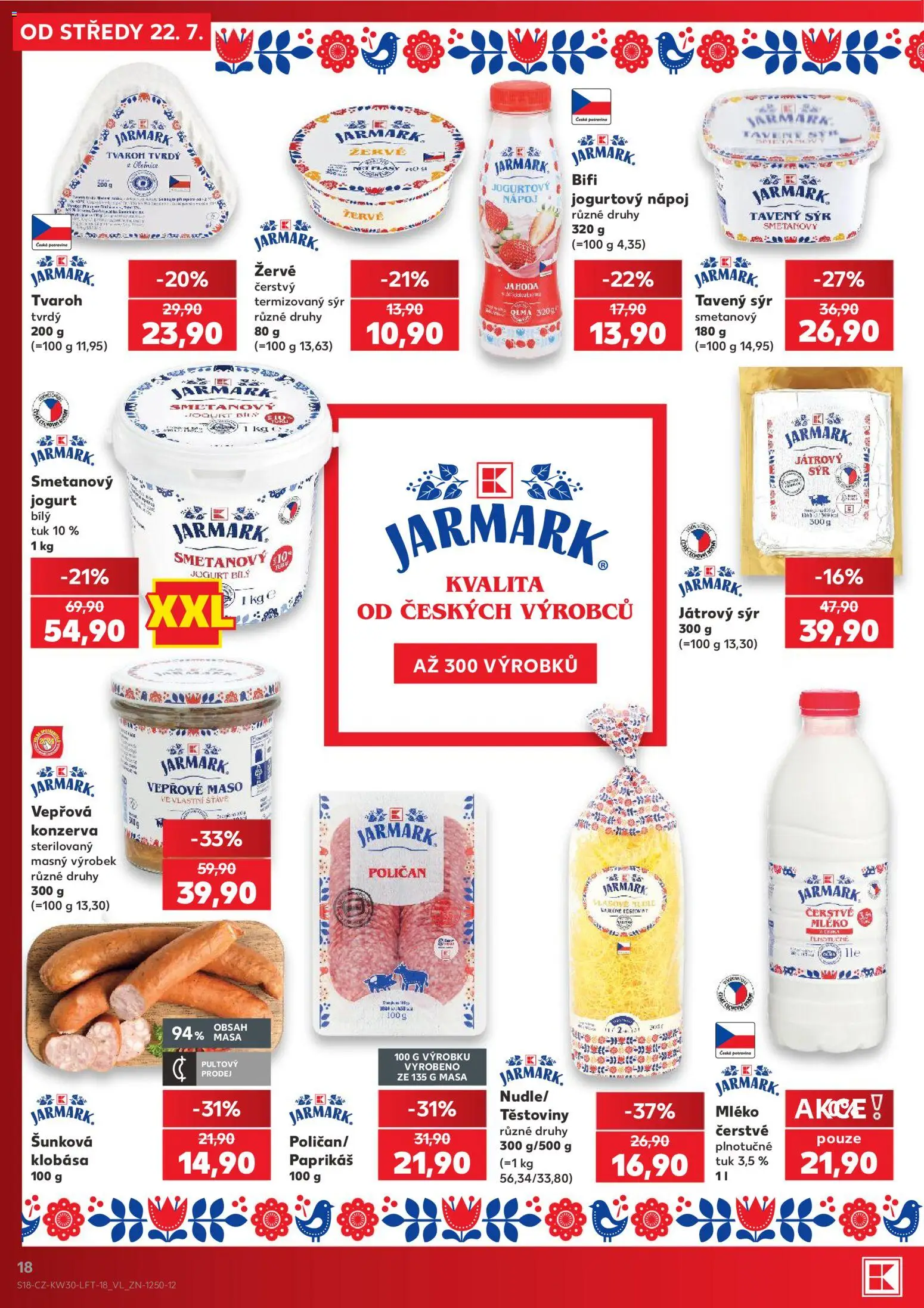 Kaufland leták od 22.07.2026 | Strana: 18 | Produkty: Mléko, Smetanový jogurt, Klobása, Jogurtový nápoj