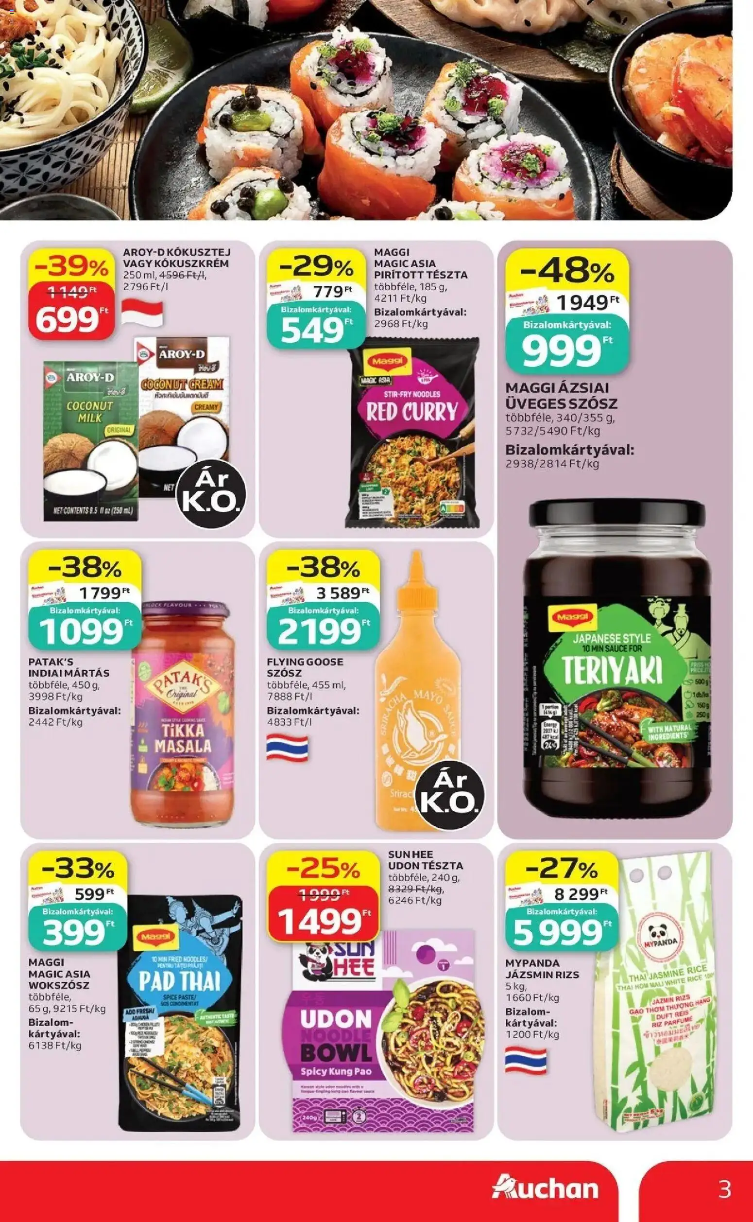 Auchan akciós ujság - amely érvényes a következő dátumtól: 2026.07.16. | Oldal: 3 | Termékek: Jázmin rizs, Kókuszkrém, Maggi, Szósz