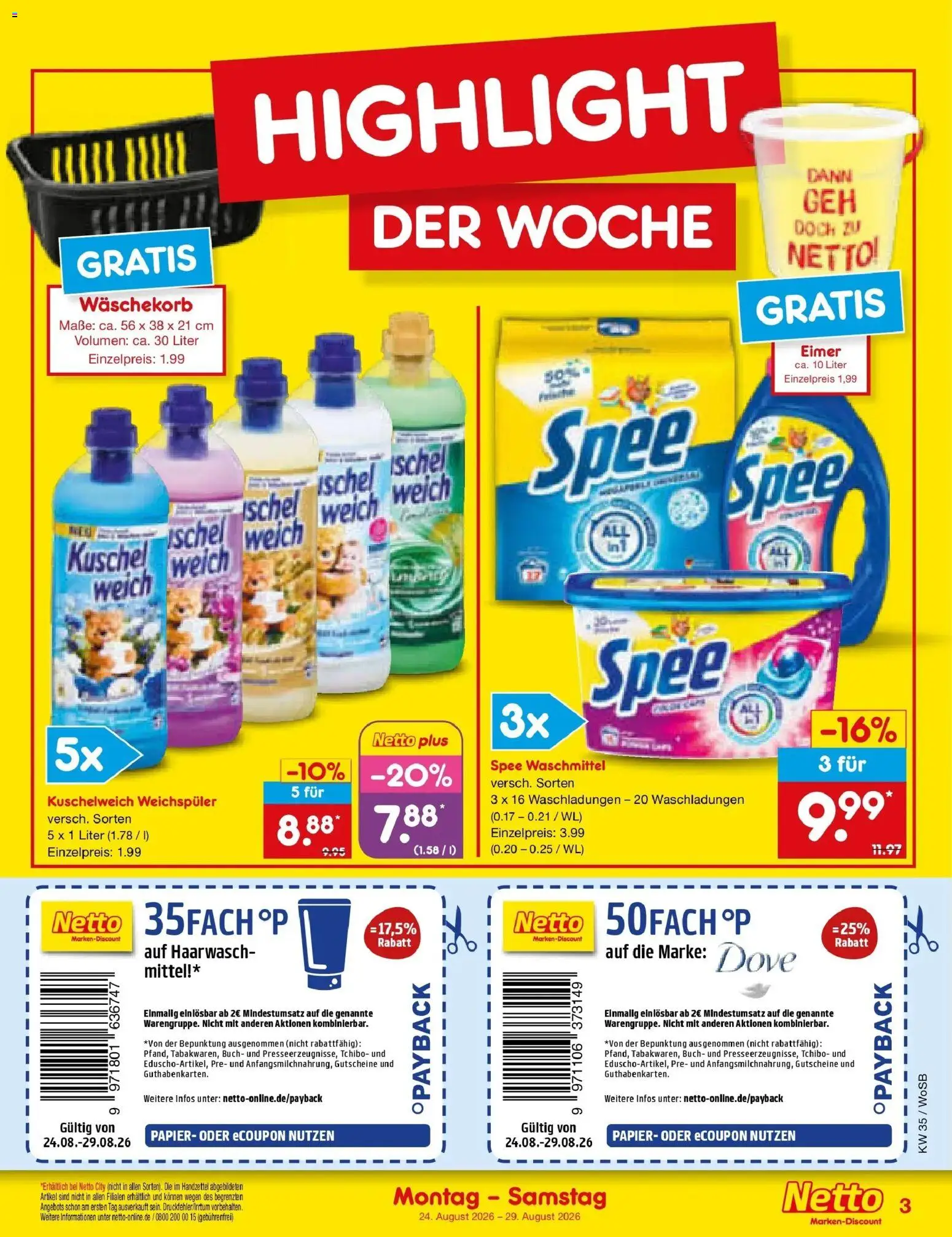 Netto Marken-Discount Prospekt Ludwigshafen-Edigheim (ab 24.08.2026) » Angebote | Seite: 3 | Produkte: Kuschelweich, Spee, Weichspüler, Waschmittel