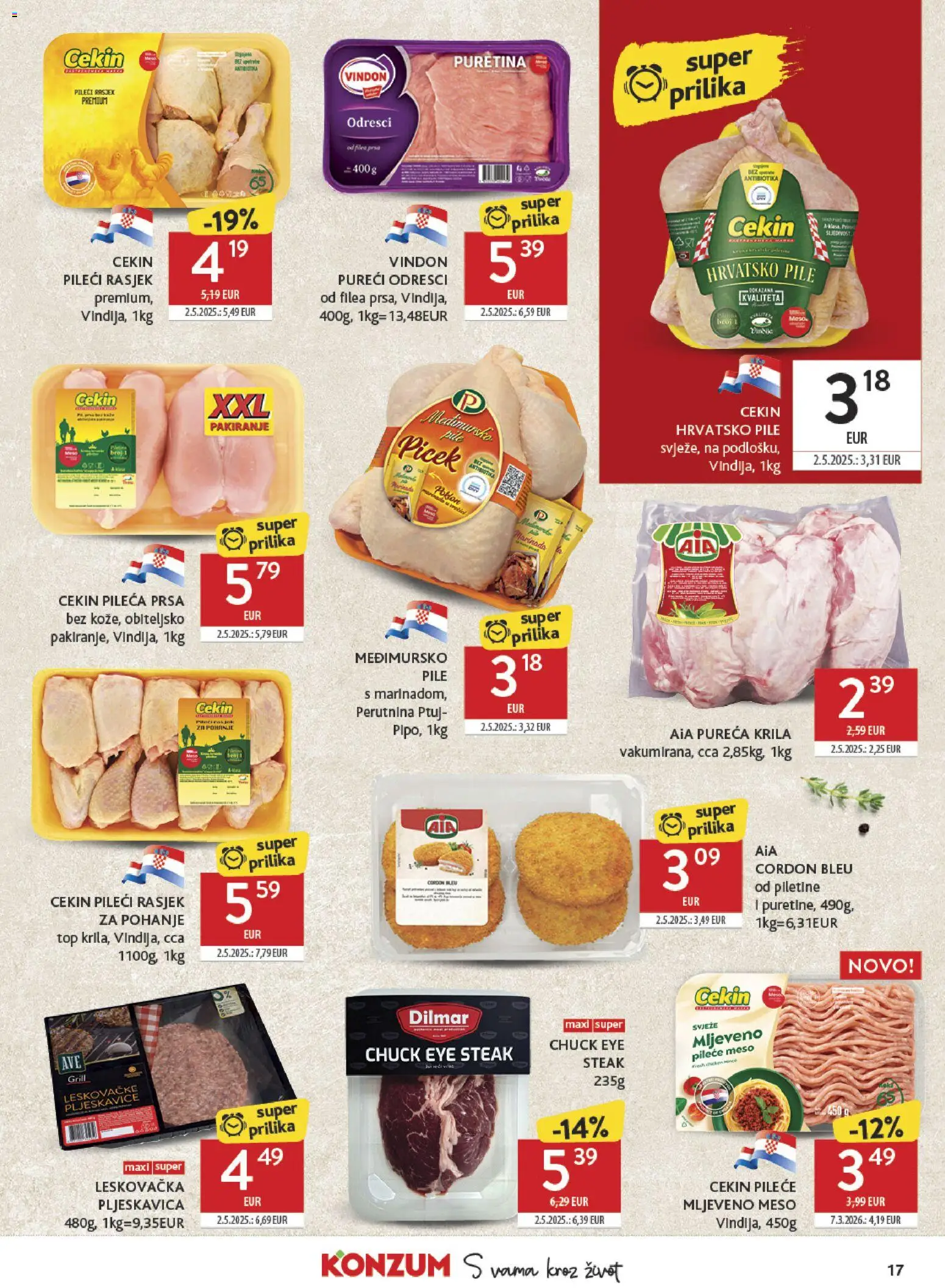 Konzum katalog | vrijedi od 20.05.2026 | Stranica: 17 | Proizvodi: Puretina, Pljeskavice, Perutnina Ptuj, Pileća prsa