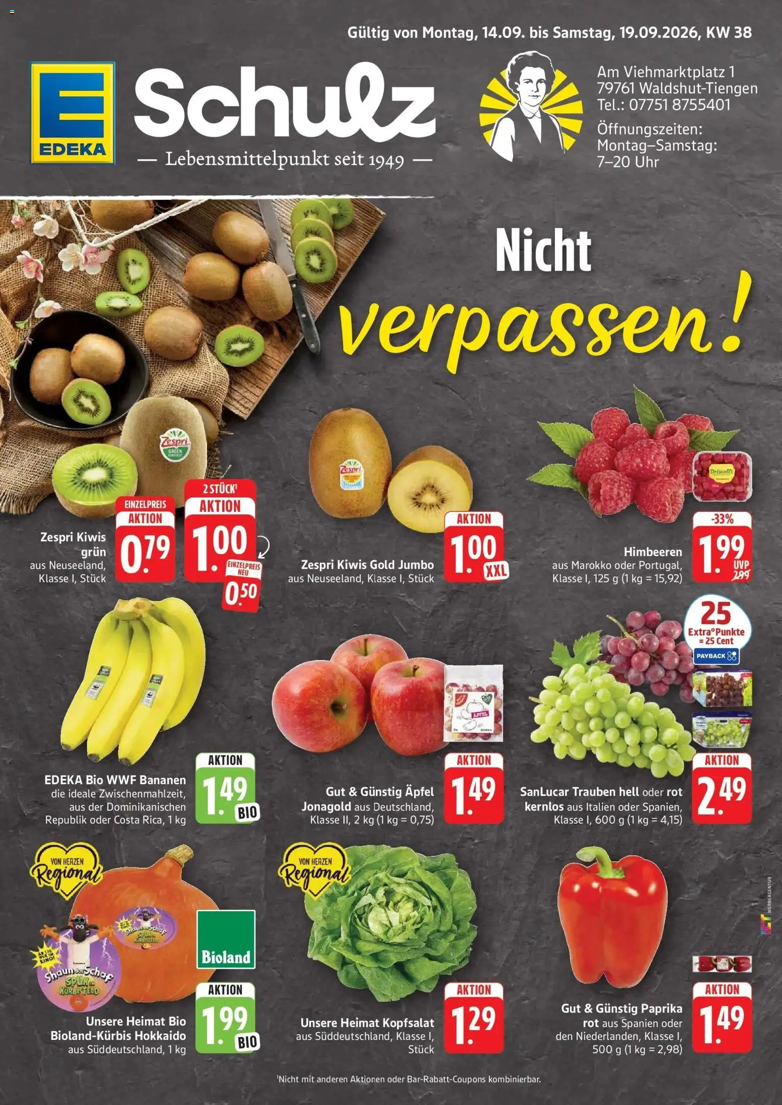 Edeka Prospekt Waldshut-Tiengen (ab 14.09.2026) » Angebote Online | Seite: 1 | Produkte: Himbeeren, Trauben, Äpfel, Bananen