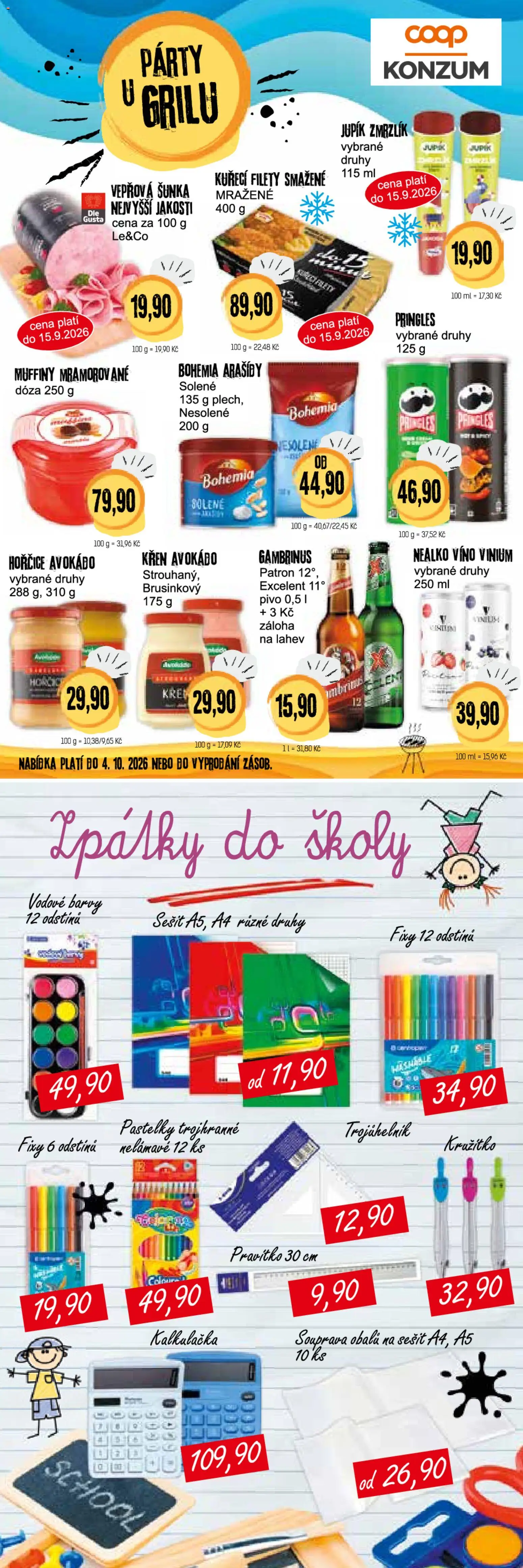 Konzum leták od 02.09.2026 | Strana: 4 | Produkty: Pastelky, Křen, Pringles, Kružítko