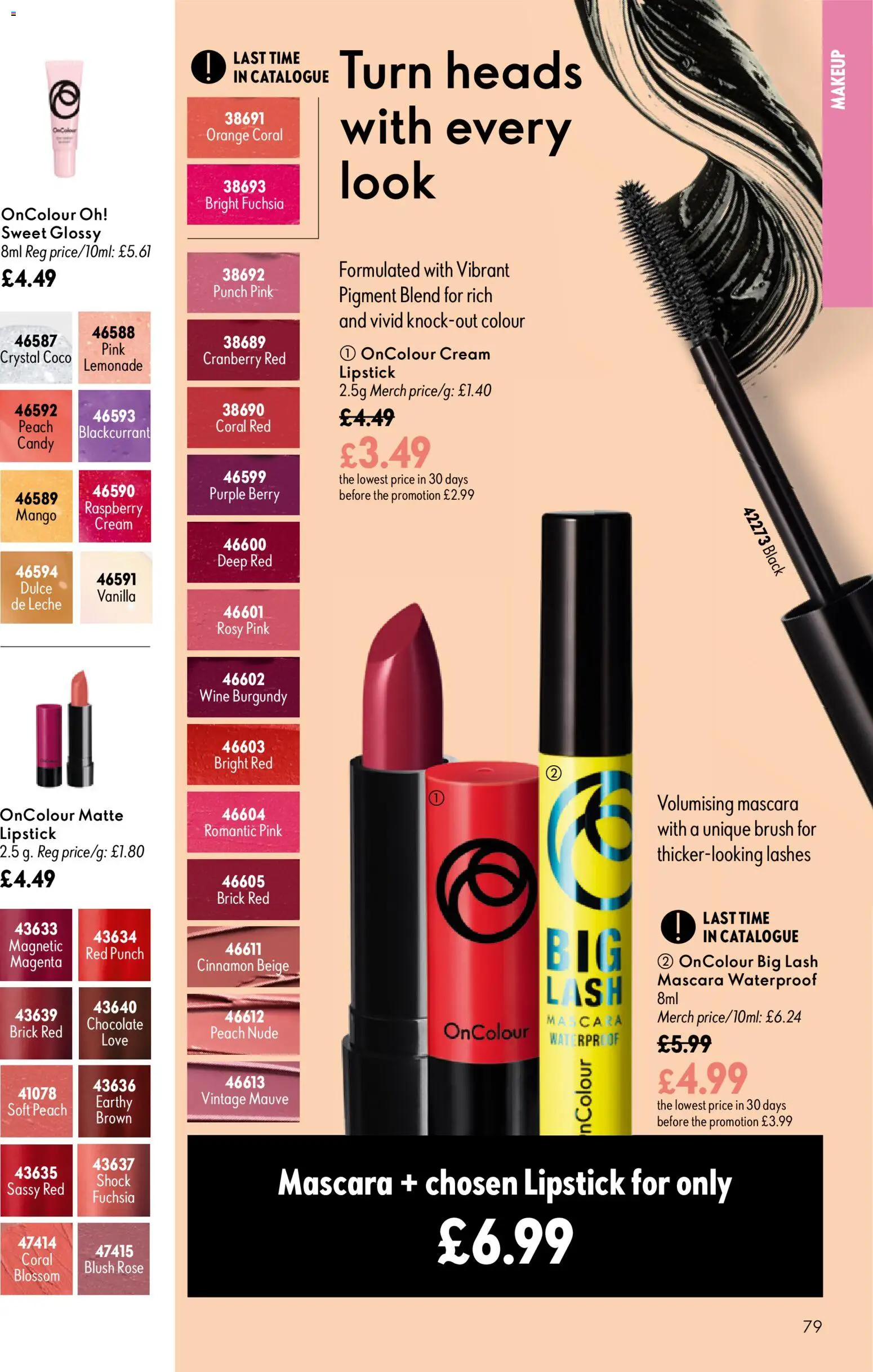 {H1} | Page: 79 | Products: Mascara, Lipstick, Chocolate, Orange