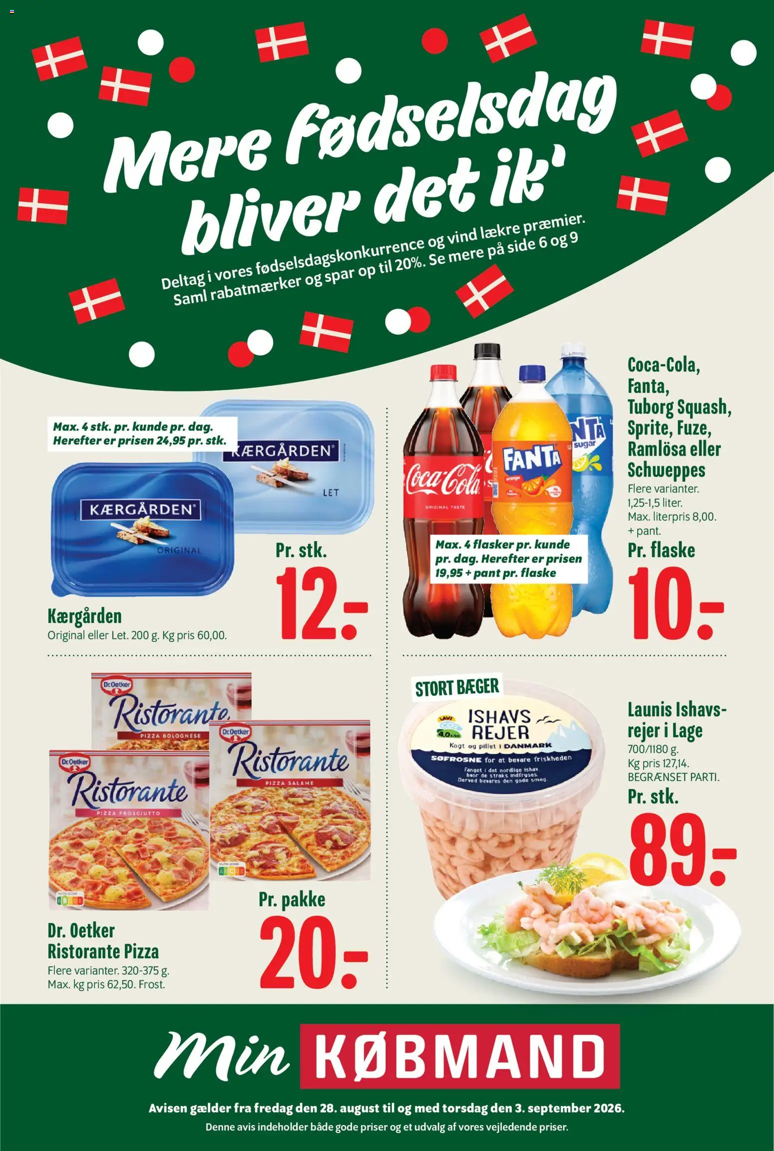 Min Købmand tilbudsavis – gyldig fra 28/08/2026 | Side: 1 | Produkter: Pizza, Fanta, Rejer