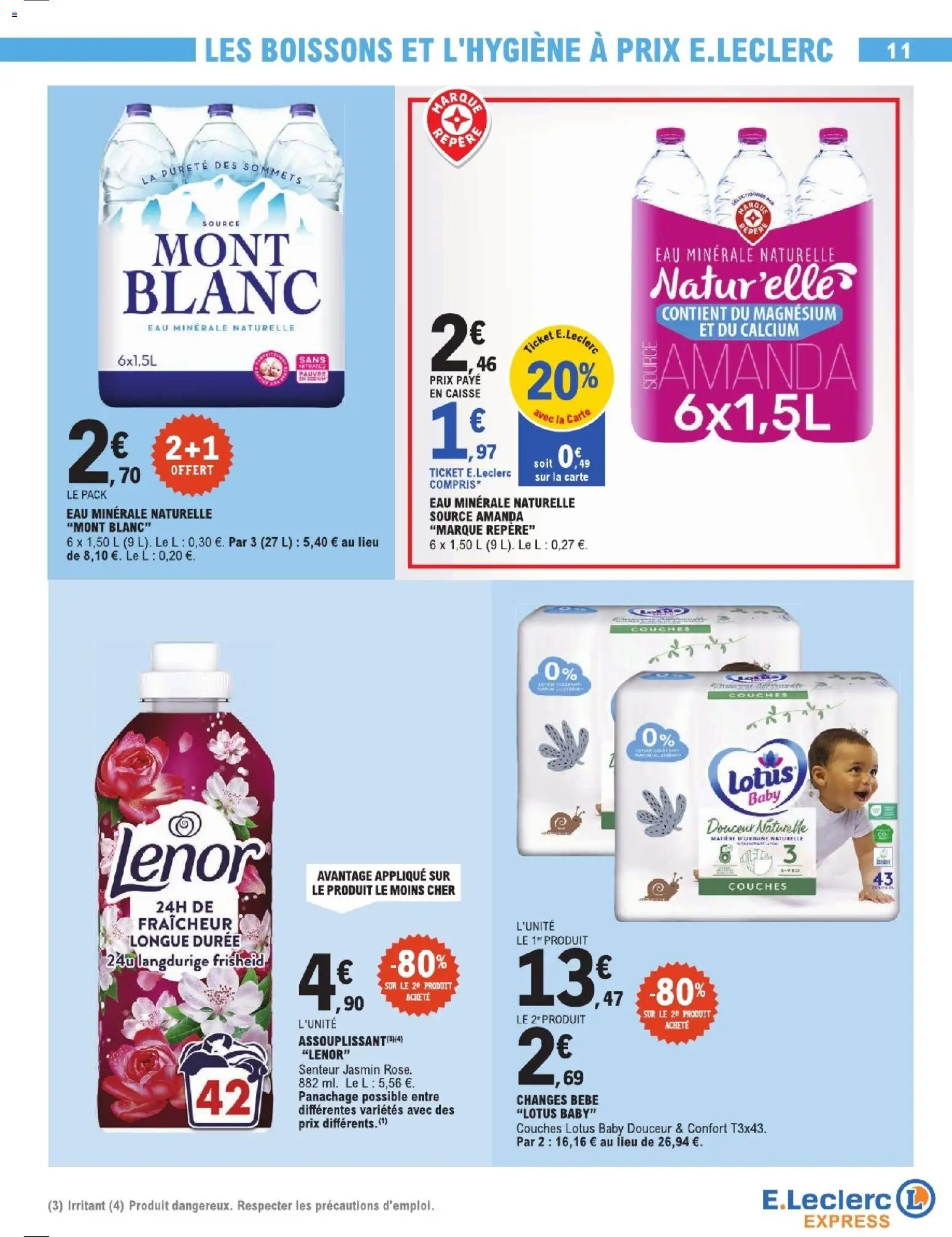 {H1} | Page: 11 | Produits: Boissons, Couches, Assouplissant, Eau minérale naturelle