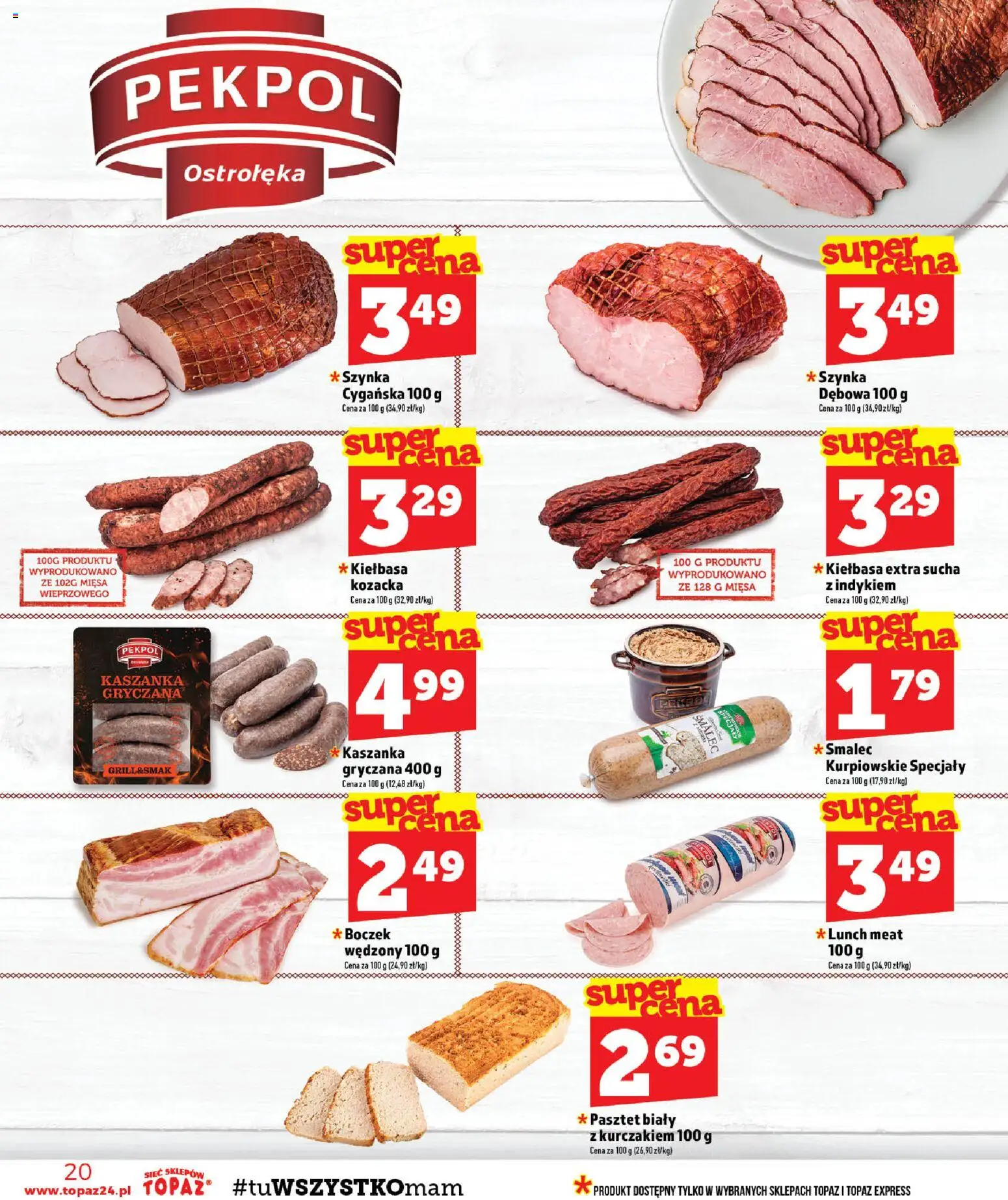 Topaz gazetka - MAZ od 13.08.2026 | Strona: 20 | Produkty: Specjały, Pasztet, Kaszanka, Boczek