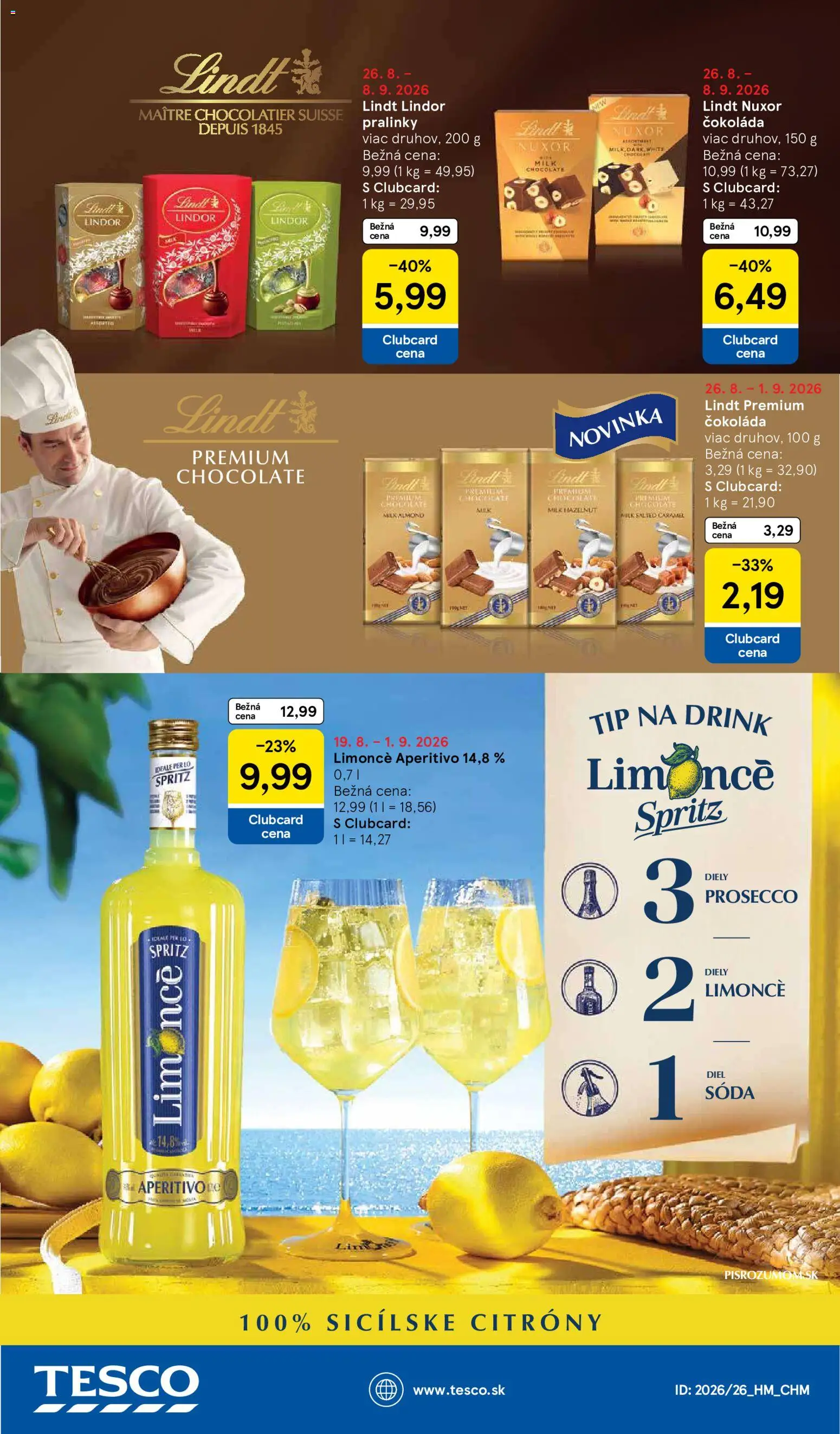 Nové Tesco akcie – leták je platný od 26.08.2026 | Strana: 58 | Produkty: Prosecco, Lindt, Čokoláda, Citróny