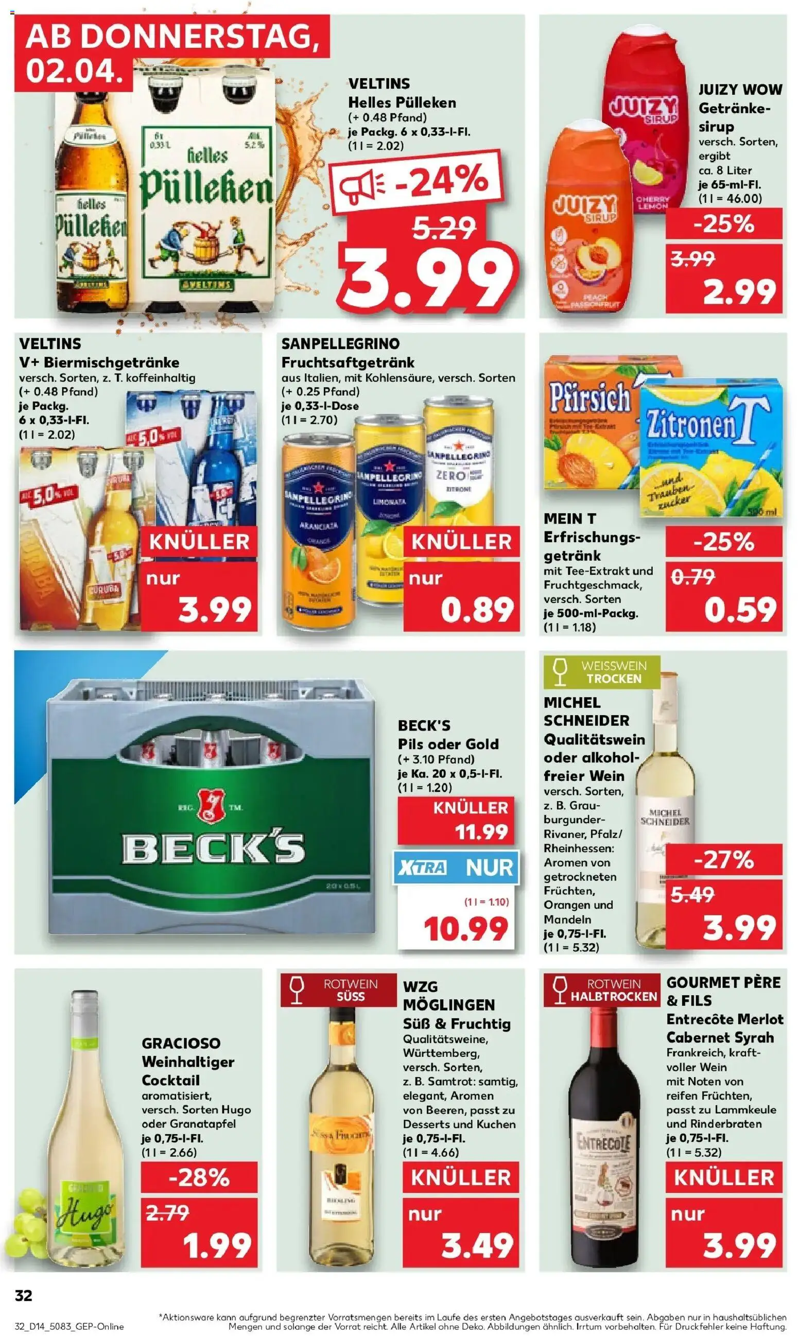 Kaufland Prospekt Flensburg	 – gültig ab 02.04.2026 | Seite: 32 | Produkte: Rotwein, Wein, Hugo, Veltins