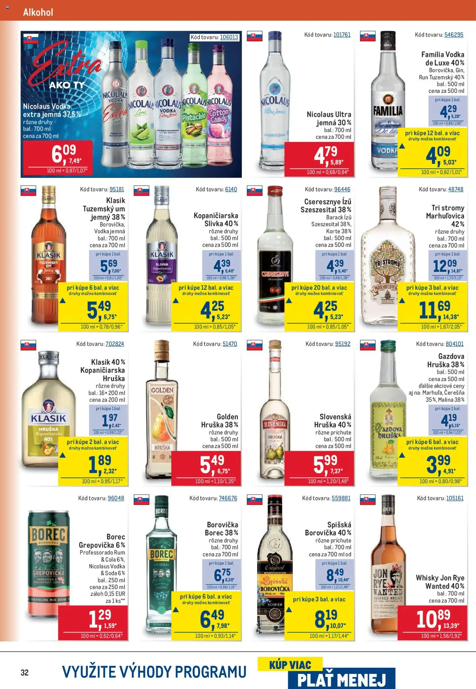 Nové Metro akcie – leták je platný od 06.05.2026 | Strana: 32 | Produkty: Borovička, Vodka, Whisky, Nicolaus vodka