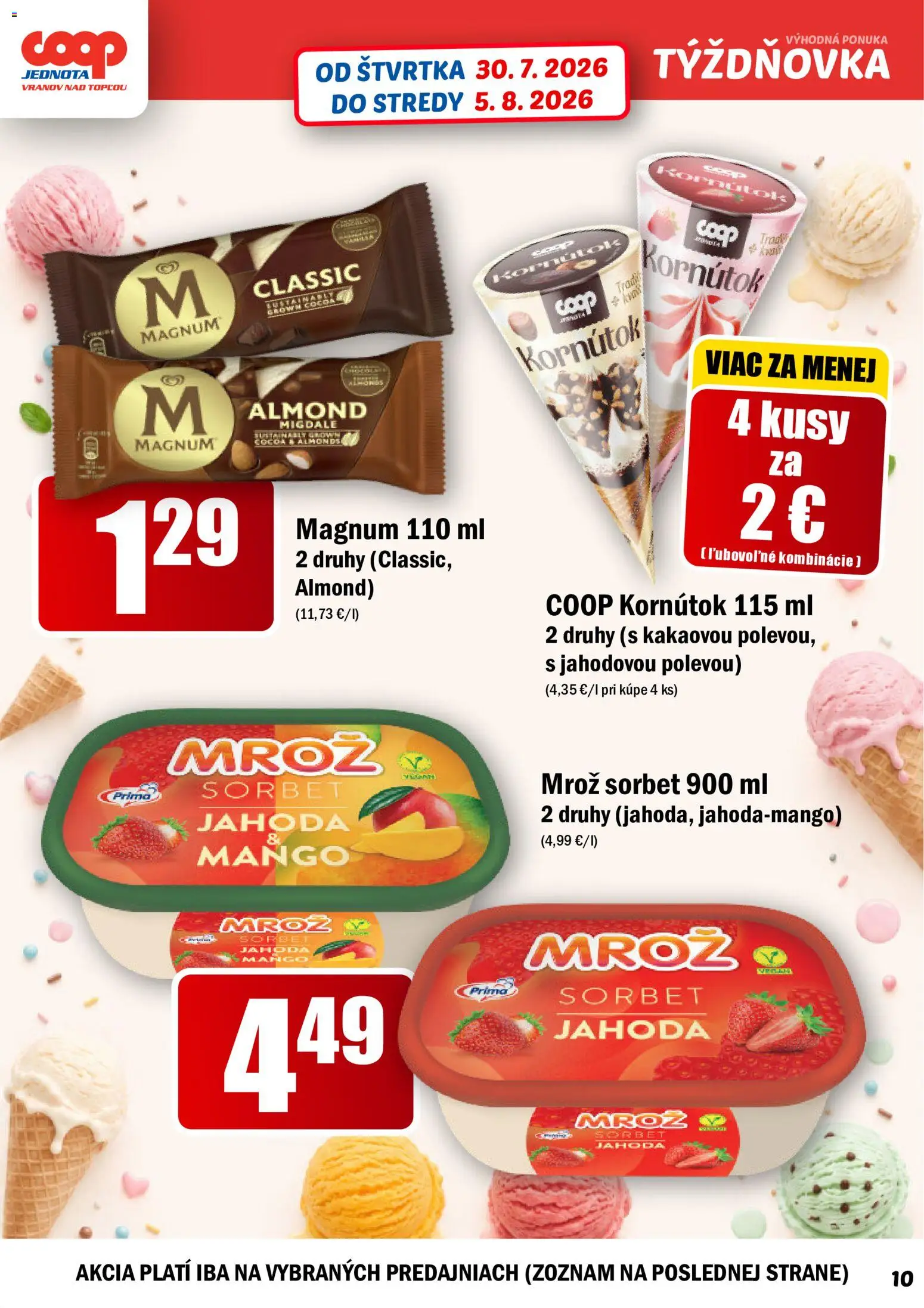 Nové COOP Jednota akcie – leták je platný od 30.07.2026 | Strana: 10 | Produkty: Sorbet, Magnum, Mango