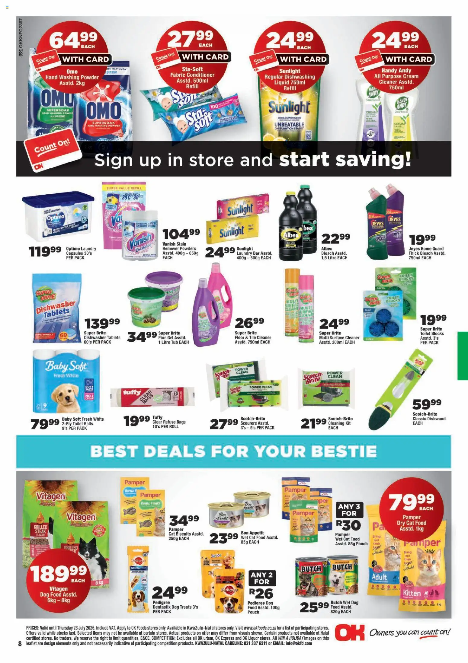 New OK Foods catalogue – valid from 15/07/2026 | Page: 8 | Products: Dishwasher, Steak, Bleach, Refuse bags