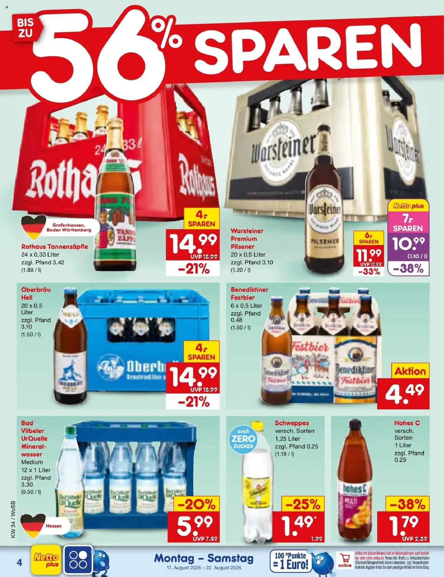Netto Marken-Discount Prospekt Mannheim – gültig ab 17.08.2026 | Seite: 6 | Produkte: Schweppes, Wasser, Zucker, Warsteiner