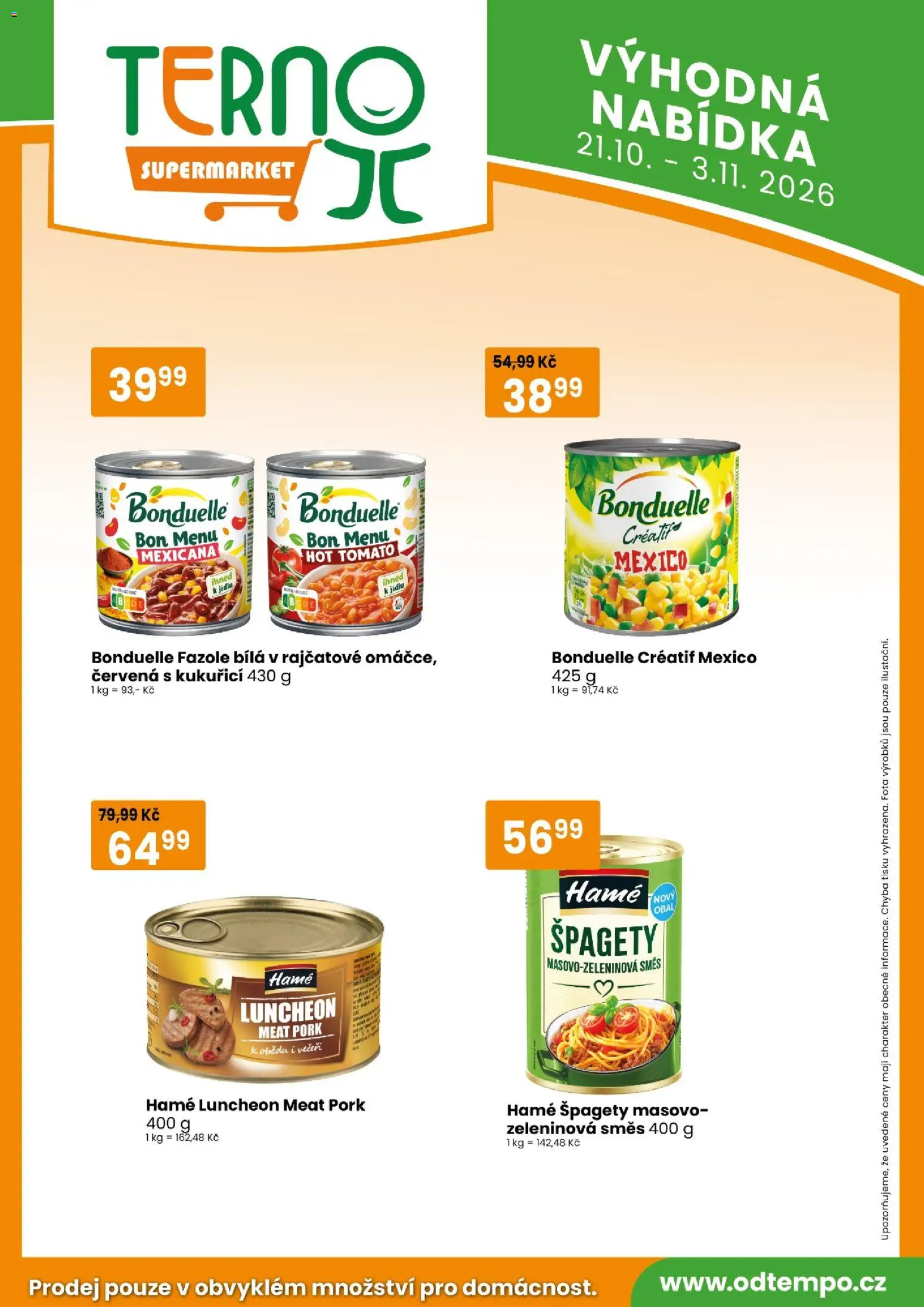 Tempo leták od 21.10.2026 | Strana: 14 | Produkty: Luncheon meat, Špagety, Fazole, Zeleninová směs