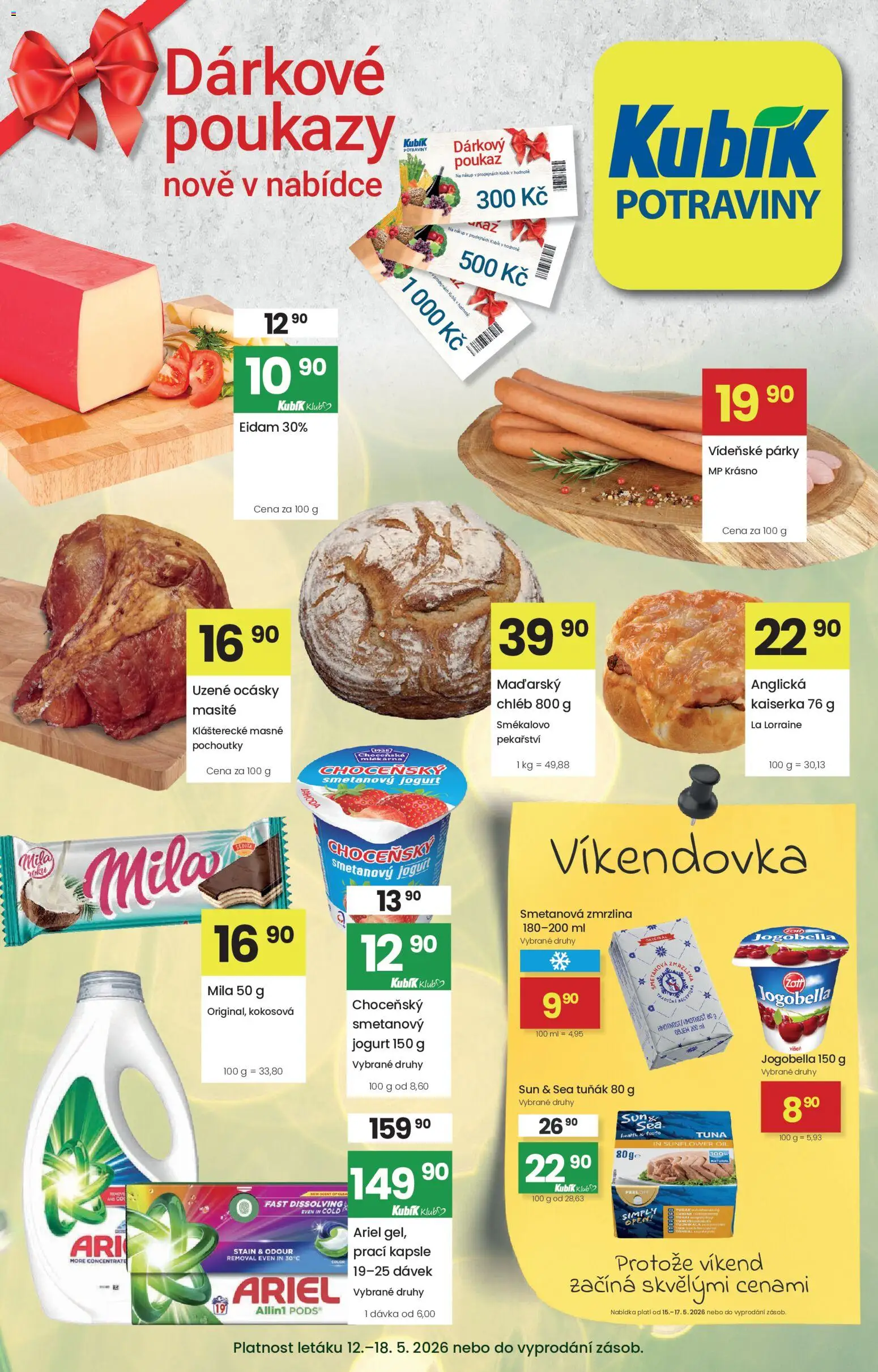 Kubík leták od 12.05.2026 | Strana: 1 | Produkty: Kapsle, Ariel, Potraviny, Mila